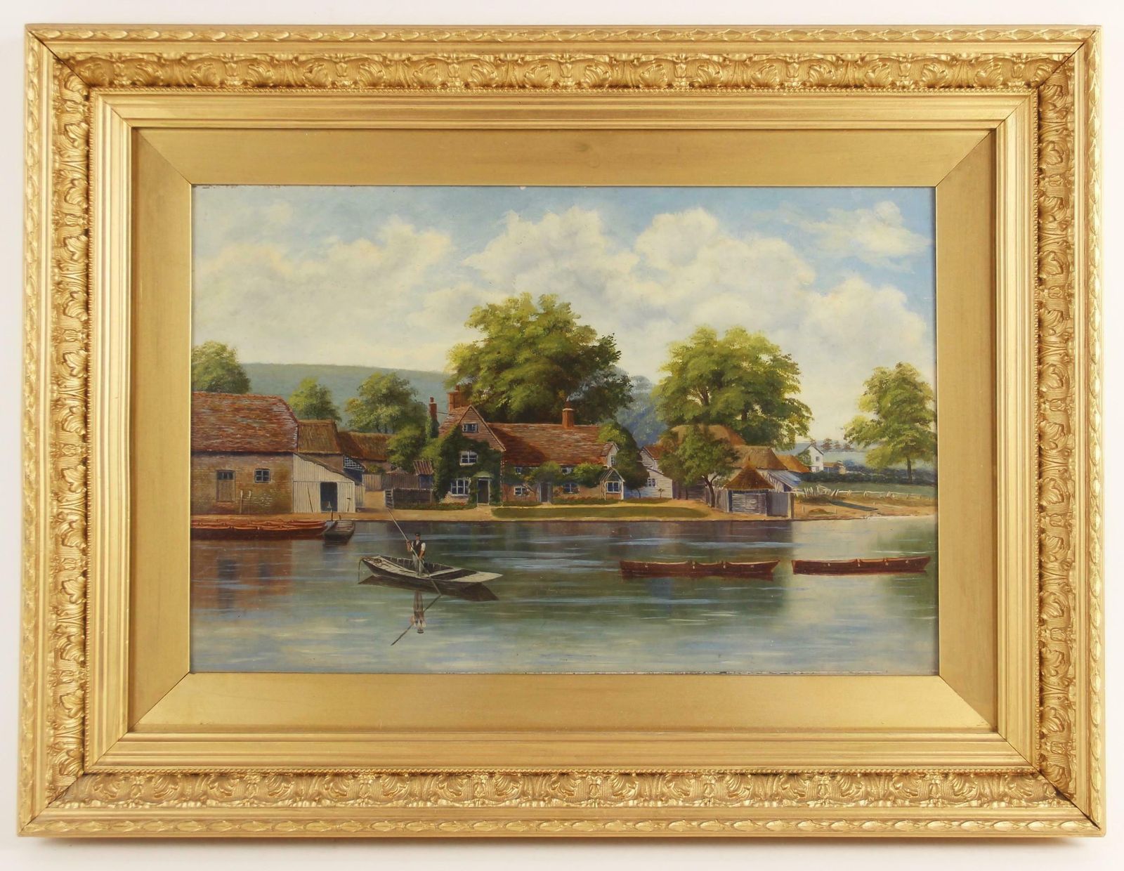 English Schoolantique English Oil Painting River Scene Figure In Old Punt By British Town