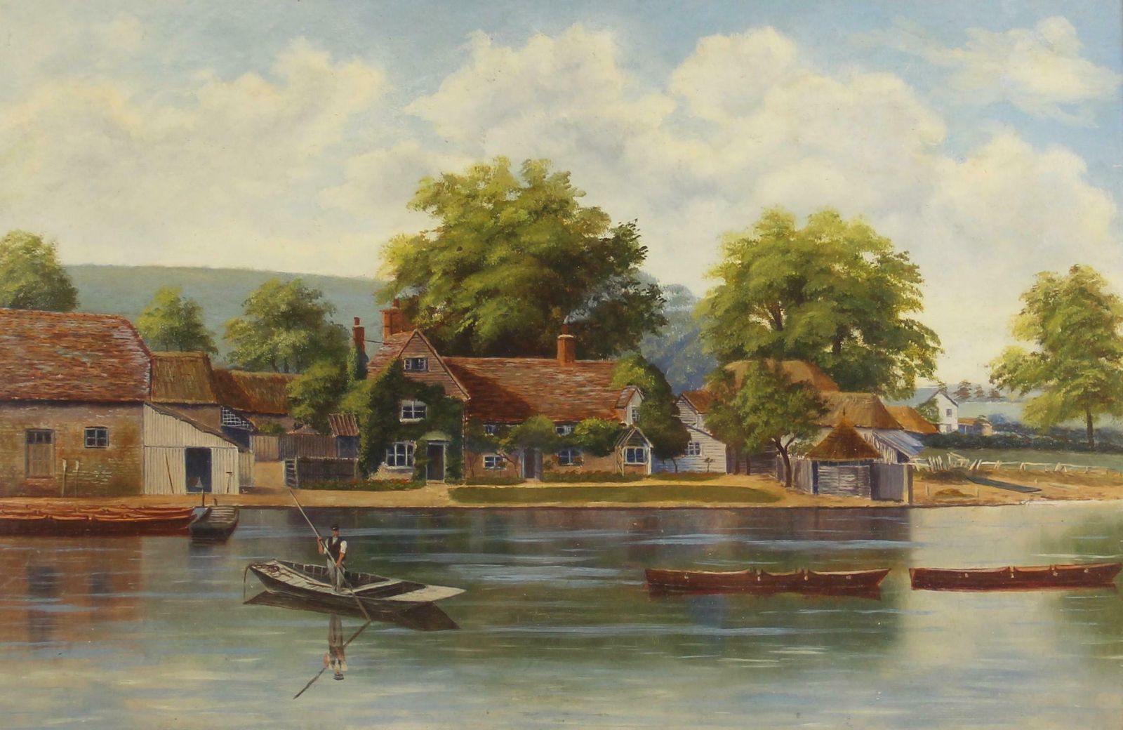 English Schoolantique English Oil Painting River Scene Figure In Old Punt By British Town photo furniture