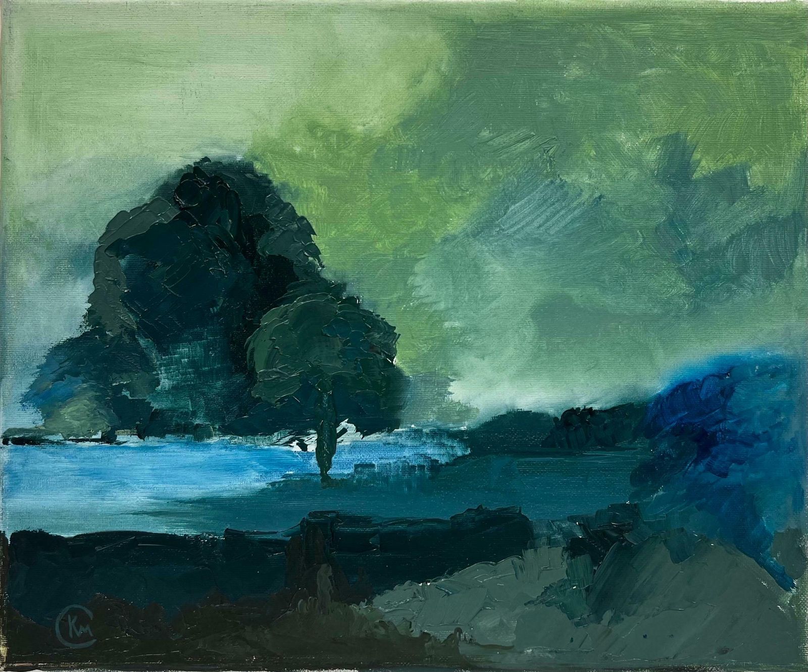 British Contemporaryatmospheric Moody Blue Landscape With Tree & Pond Brooding Skies, Modern Art
