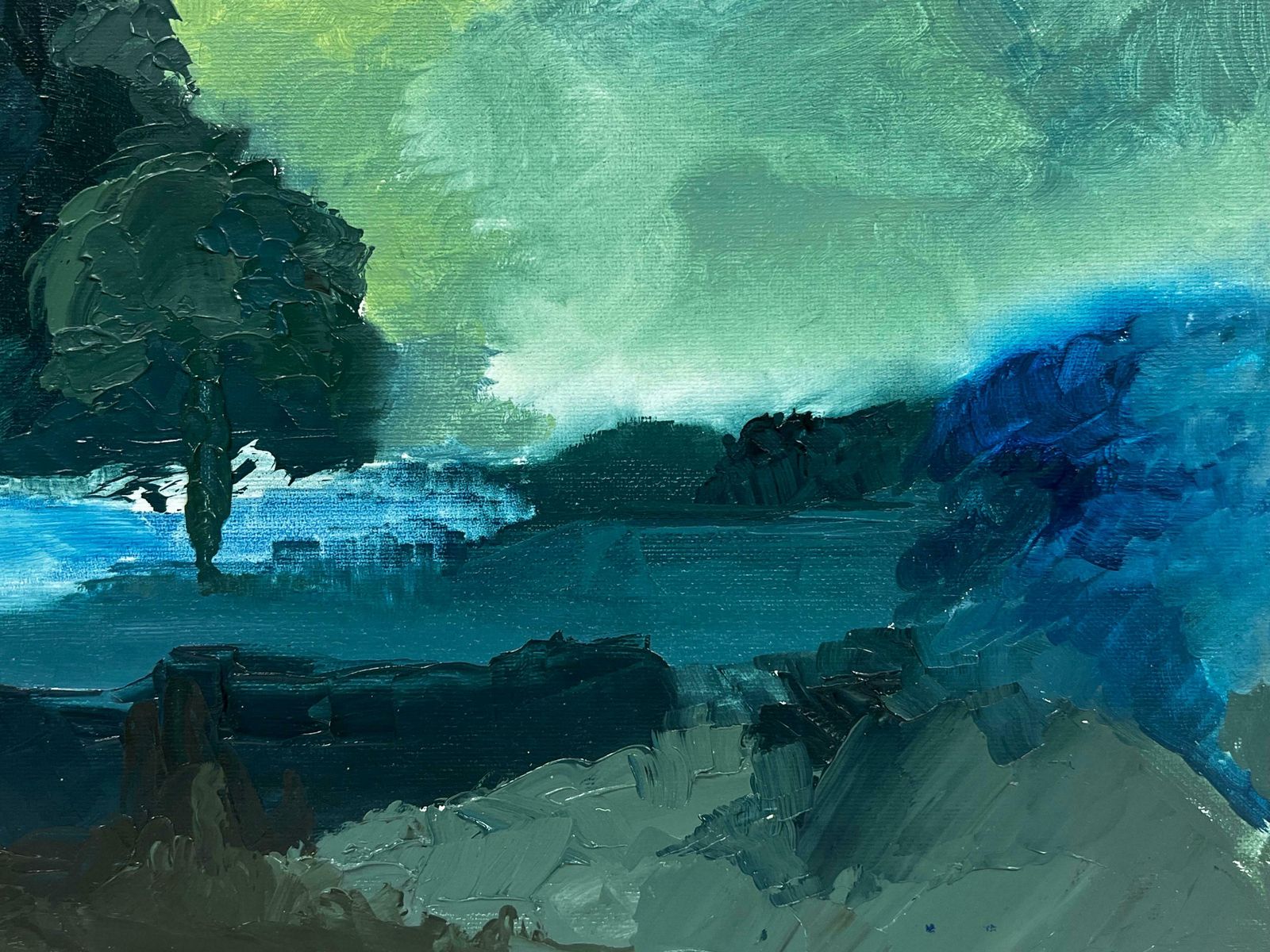 British Contemporaryatmospheric Moody Blue Landscape With Tree & Pond Brooding Skies, Modern Art photo Art