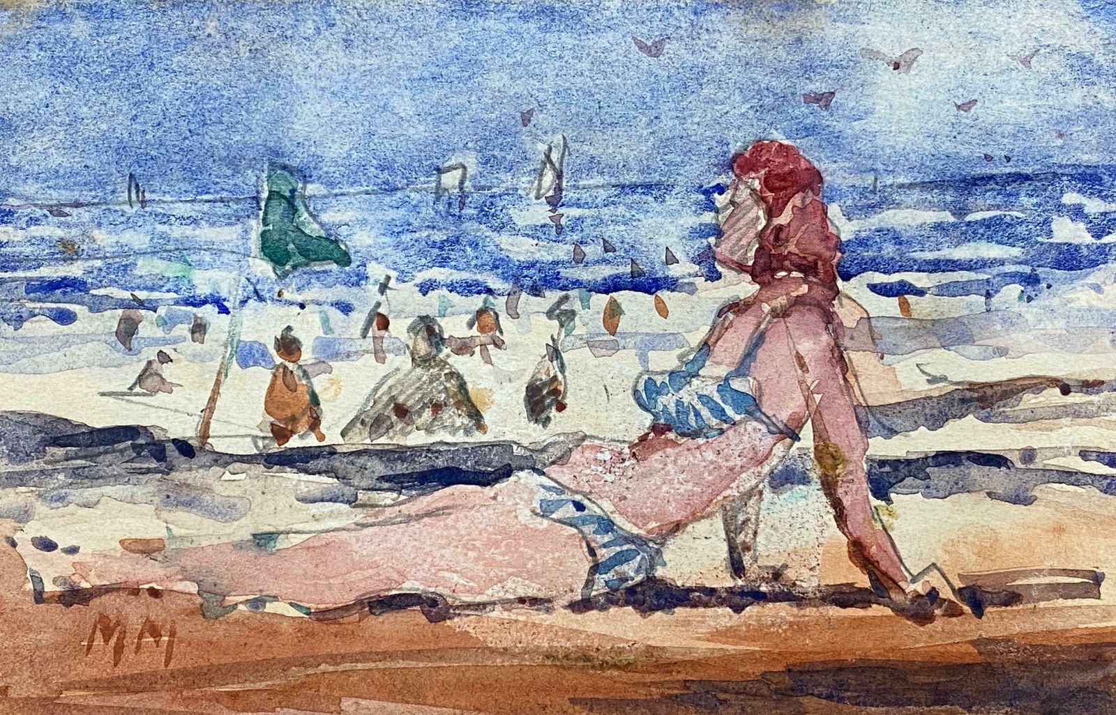 Maurice Mazeiliefrench Impressionist Watercolour   Lady In Bikini Sunbathing