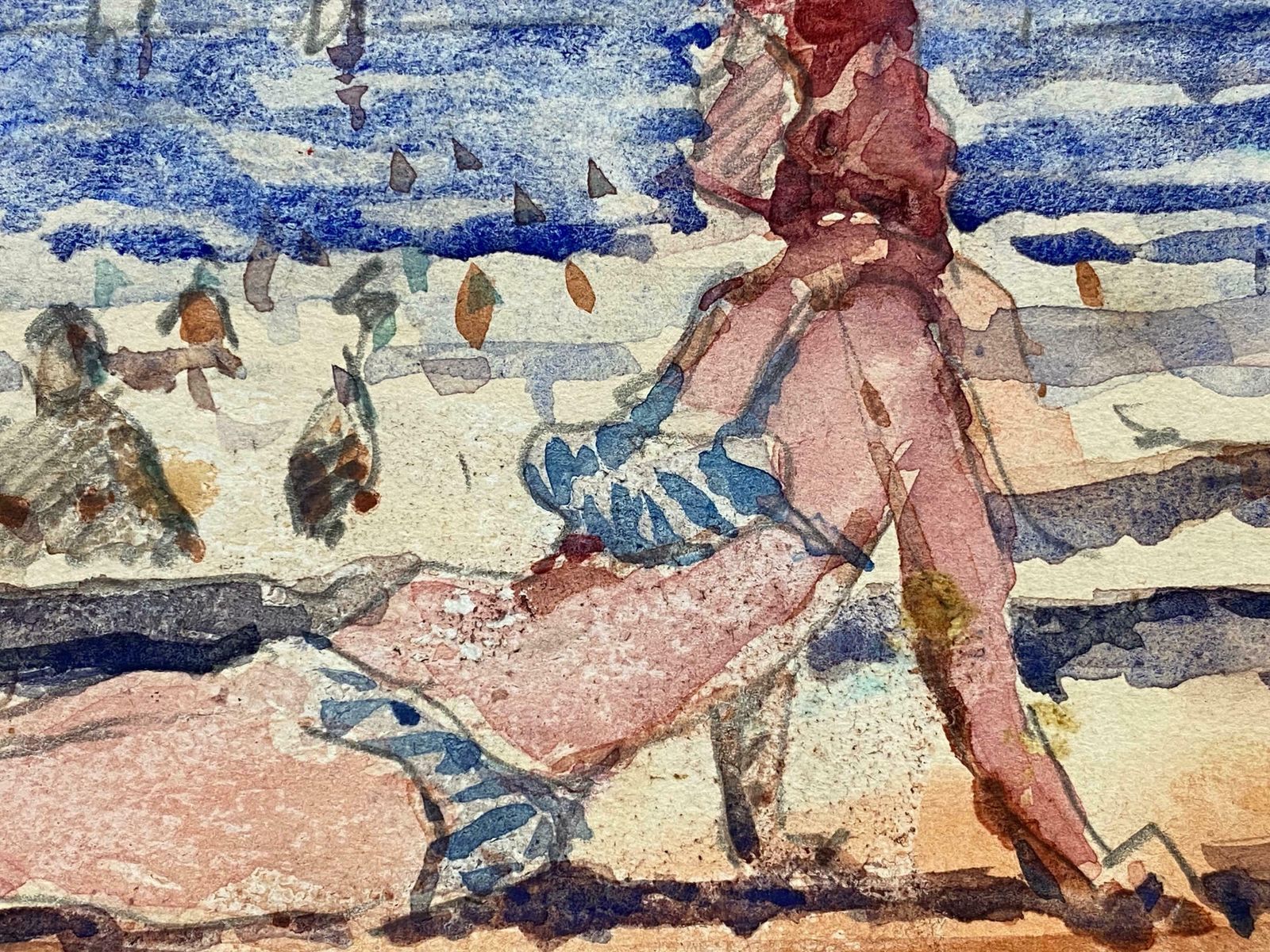 Maurice Mazeiliefrench Impressionist Watercolour   Lady In Bikini Sunbathing photo 512.0
