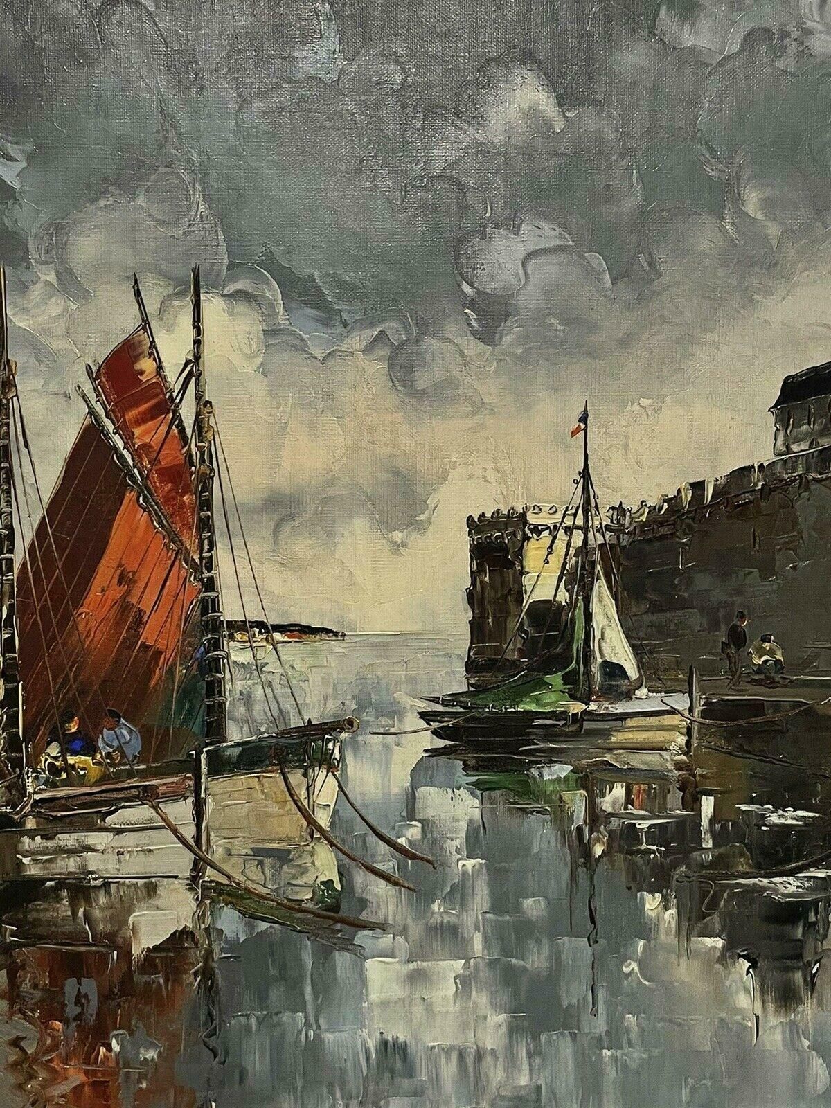 French School1950's French Signed Oil, Fishing Boats In Old Harbour Port photo for sale