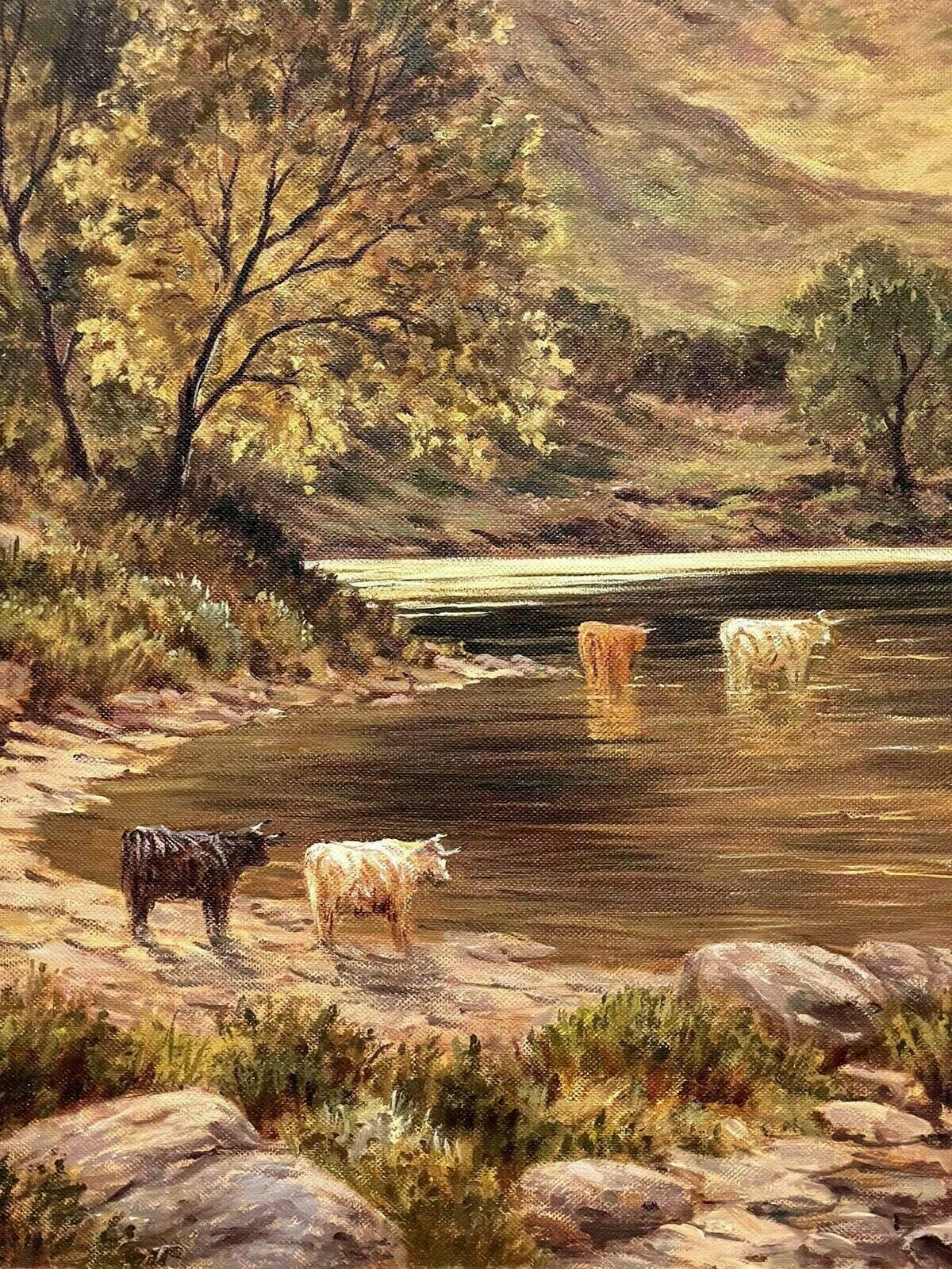J. Hamilton Georgesigned Scottish Highlands Loch Scene & Cattle Oil Painting   J. Hamilton George20th Century photo vinterior