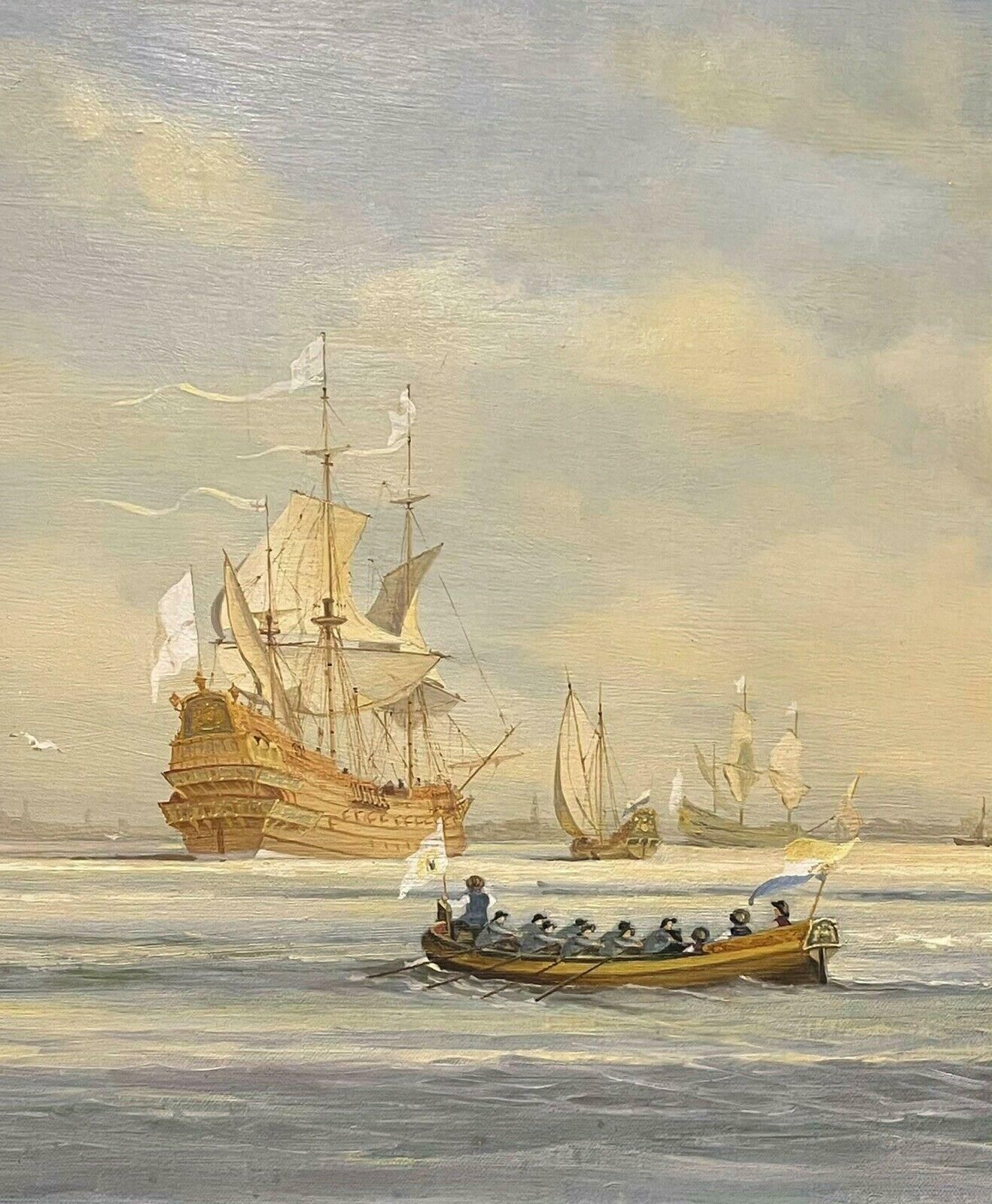 H. C. Arrowsmithlarge British Historical Maritime Oil Painting   17th Century Ships At Seac. 1948 photo vinterior