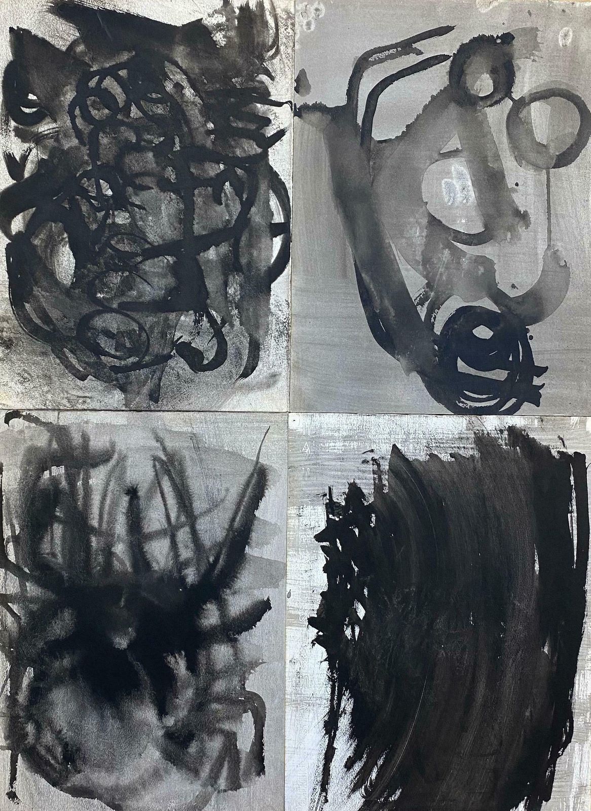 Claude Lagoucheset Of 4   Original 1970's French Abstract Black & White Paintingsc. 1970's