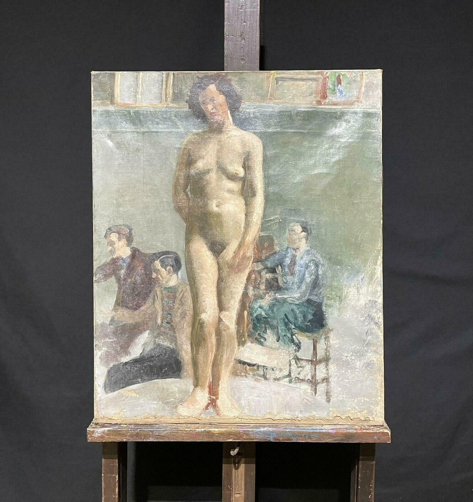 British School1930's Modern British Oil   Artists Studio Still Life Art Class With Nude Model photo furniture