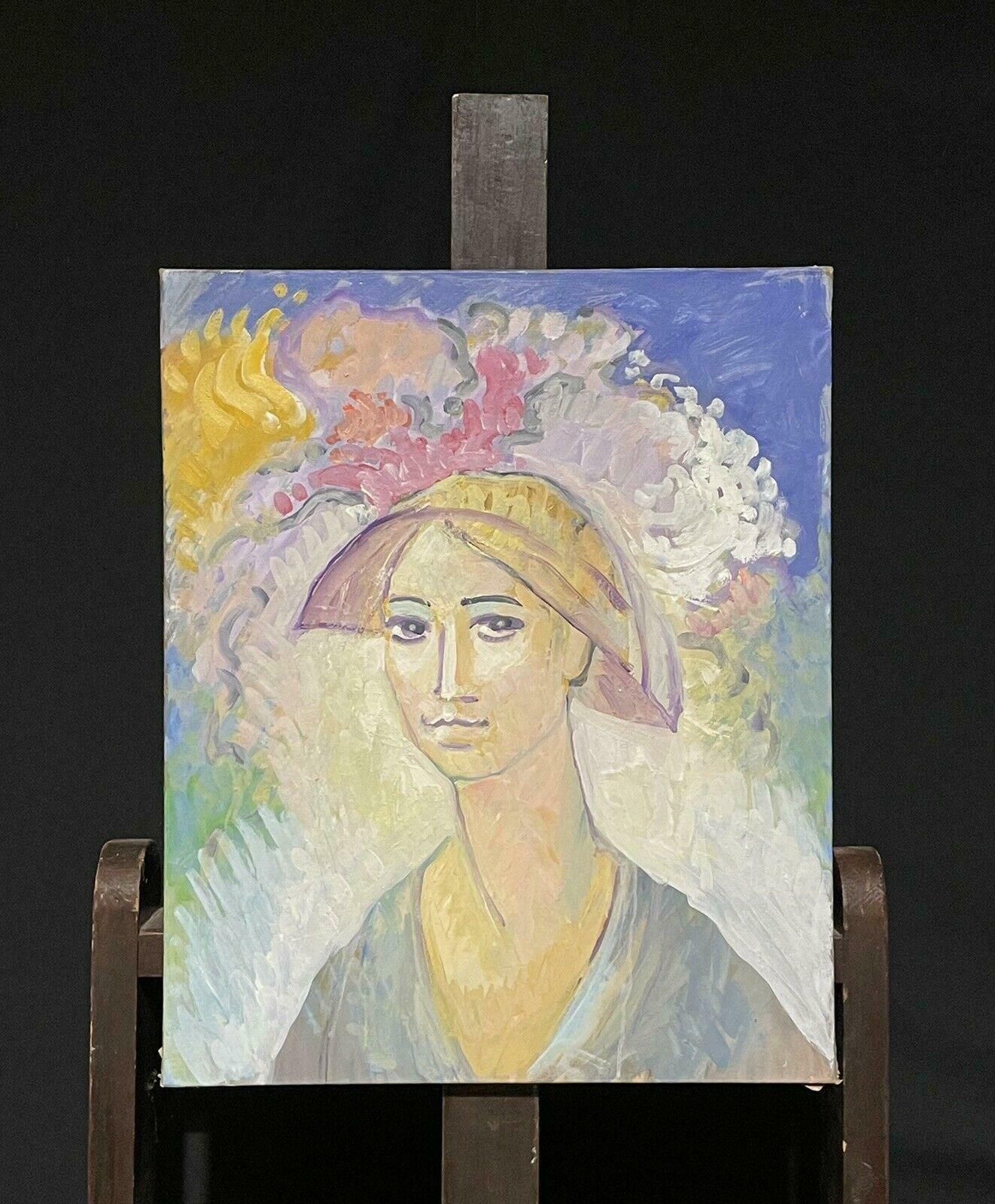 Robert Bouilleprovencal French Artist   Portrait Of Country Young Lady In Colorful Hatc. 2000