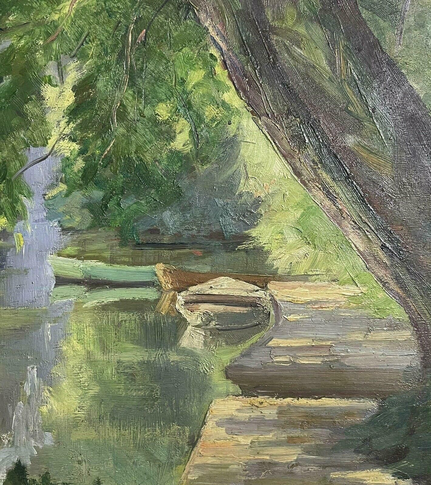Unknown1930's French Impressionist Signed Oil Painting   Tranquil River Landscape Boatsc. 1930's photo Art