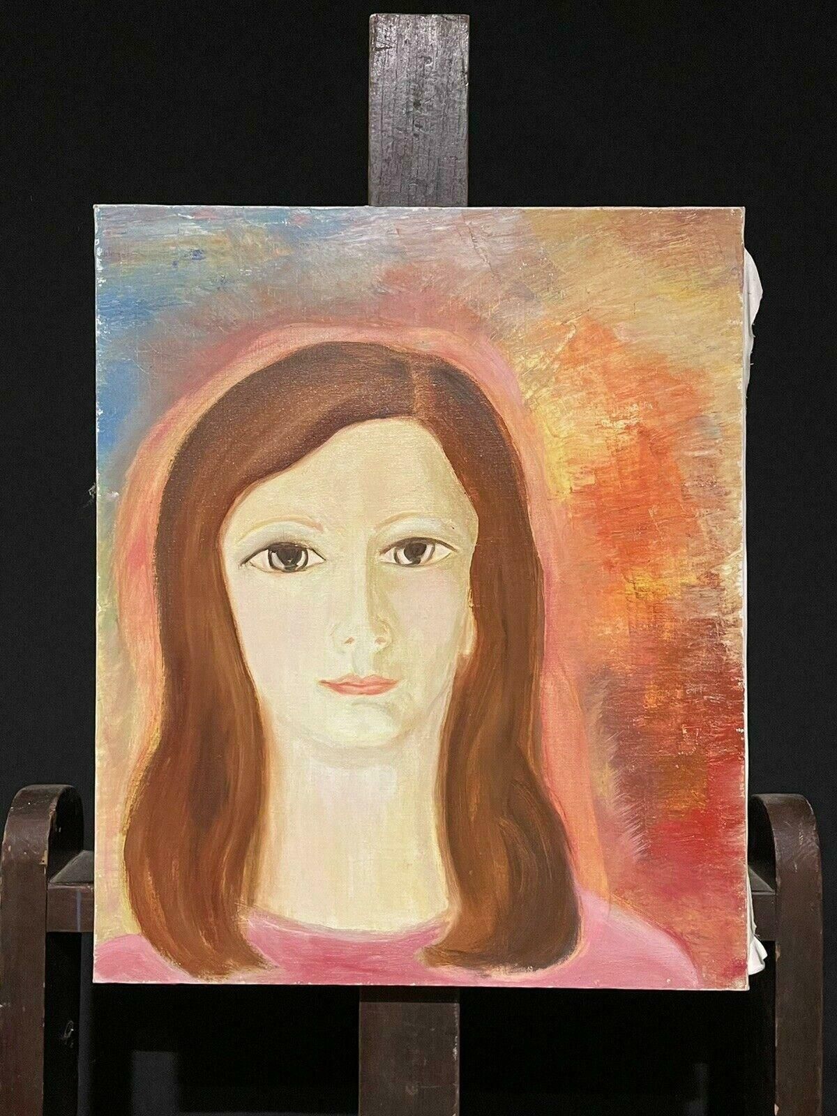 French Artist1970's French Oil Painting   Head & Shoulders Portrait Young Lady Pink & Orangec. 1970's photo furniture