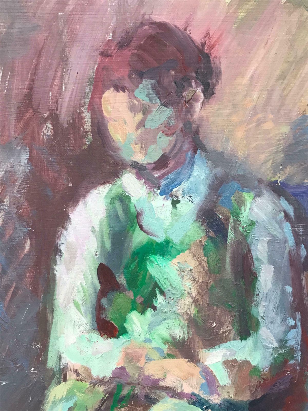 Beryl Darton 1960's British Original Impressionist Oil Painting Figure On Chair In Greenc. 1960's photo for sale