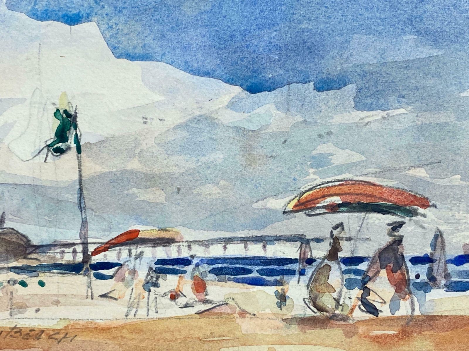 Maurice Mazeiliefrench Impressionist Signed Watercolour   Bright Blue Skies Over The Beach photo furniture