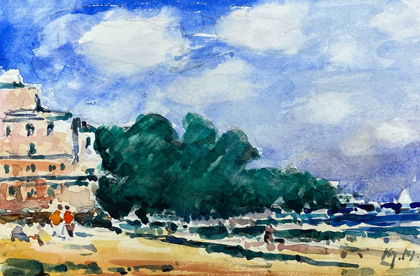 Maurice Mazeiliefrench Impressionist Watercolour   Bright Blue Summers Day Over Beach