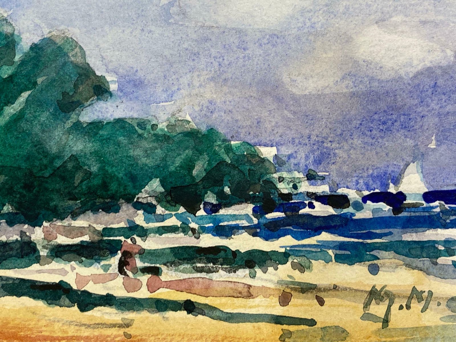 Maurice Mazeiliefrench Impressionist Watercolour   Bright Blue Summers Day Over Beach photo 485.0
