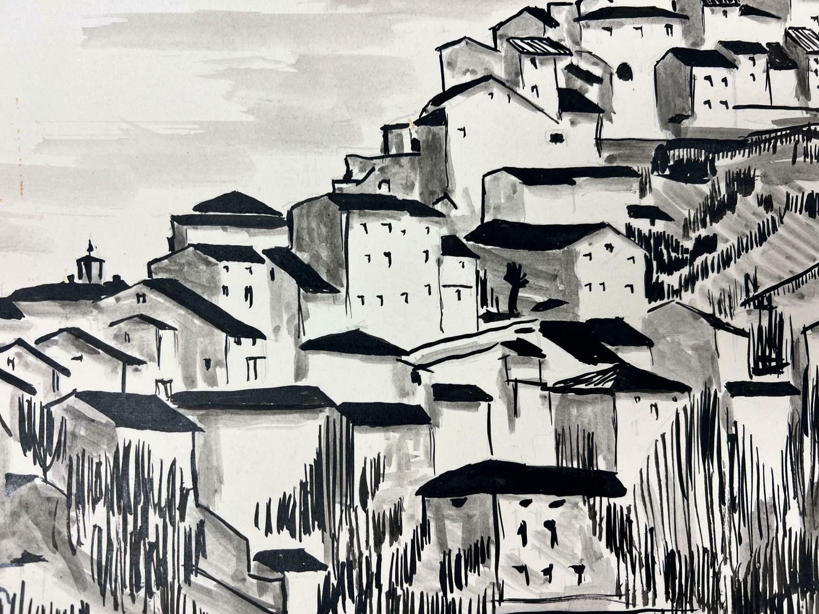 Bernard Labbe1950's Modernist/ Cubist Painting   Black And White Roof Top Town Landscape1950's photo Art