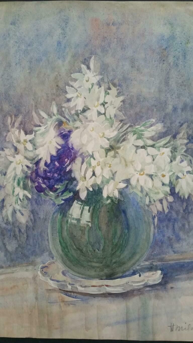 photo for sale Henri Milochfrench Watercolour Ecole De Paris Mid 20th Century White Flowers 1940's
