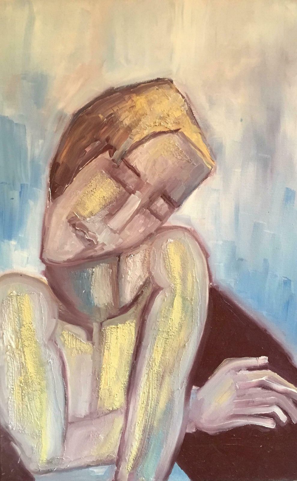 Beatrice Werliefrench Abstract Portrait Picasso Style Blue Colour Original Oil Painting C.2000