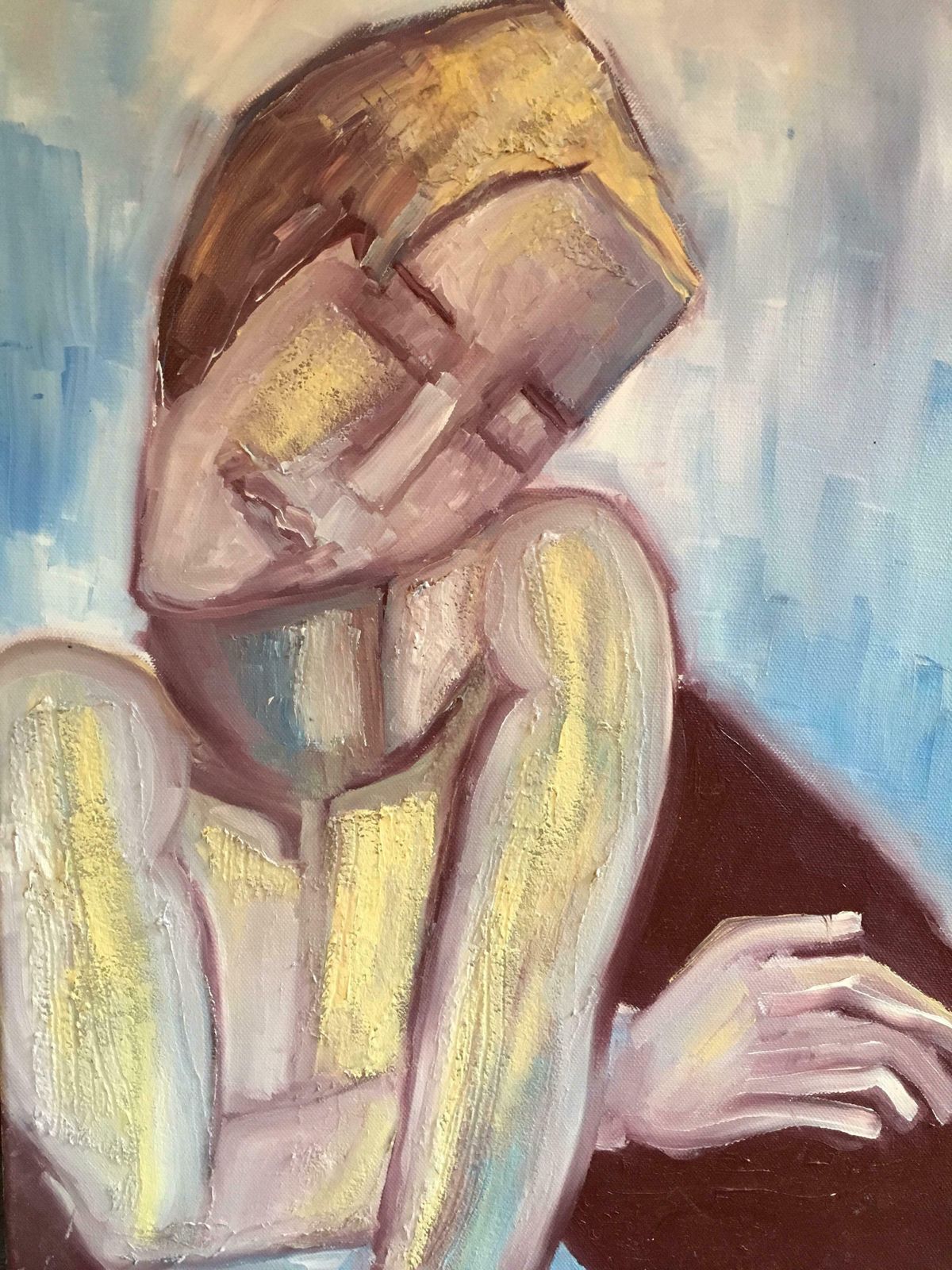 Beatrice Werliefrench Abstract Portrait Picasso Style Blue Colour Original Oil Painting C.2000 photo Art
