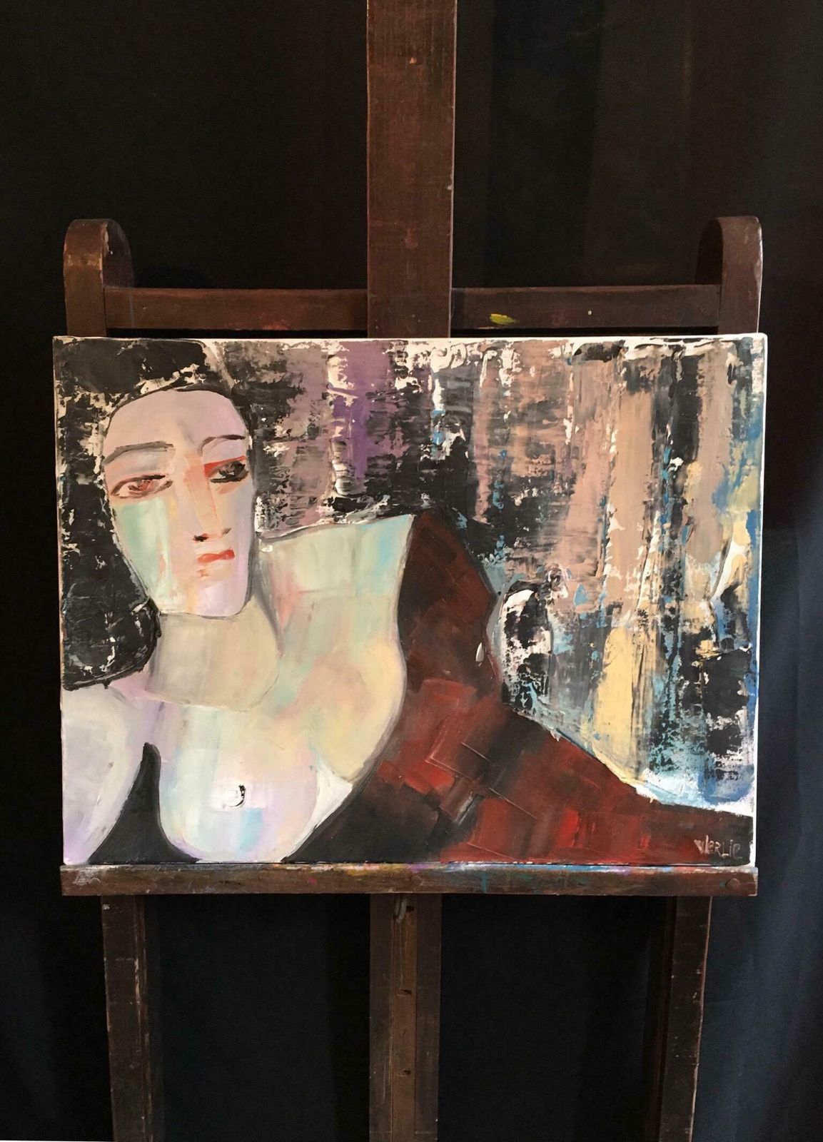 Beatrice Werliecontemporary French Modernist Portrait Lady In Red Oil Painting Signedc.2000 photo for sale