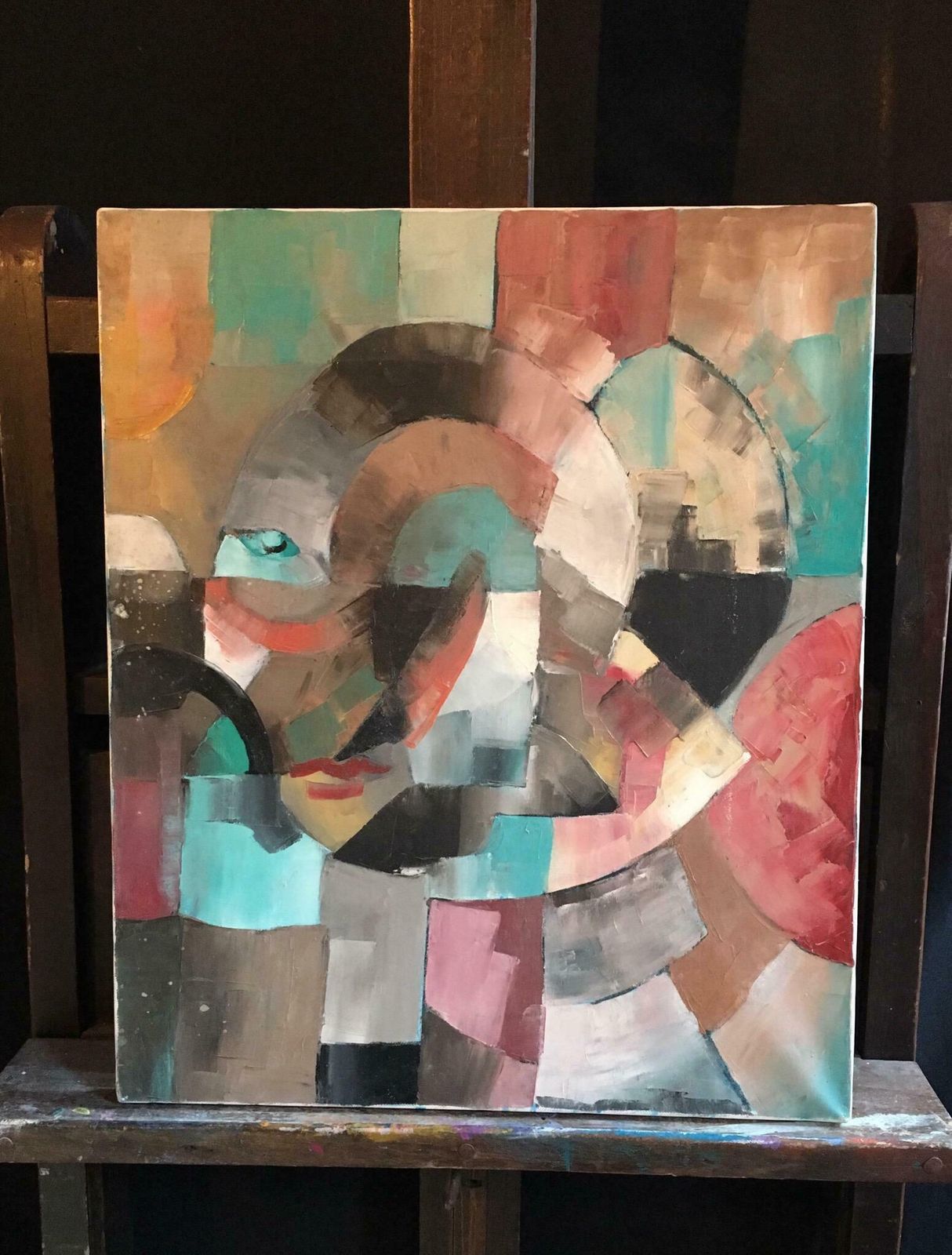 Beatrice Werliecontemporary French Cubist Portrait Multicoloured Original Large Oil Painting C.2000 photo furniture