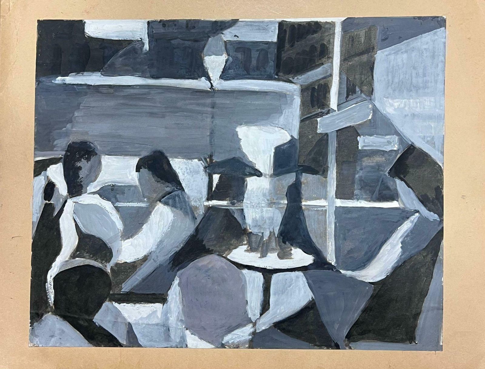 Guy Nicod Black And White Figures In Restaurant French 20th Century Modernist Painting photo furniture