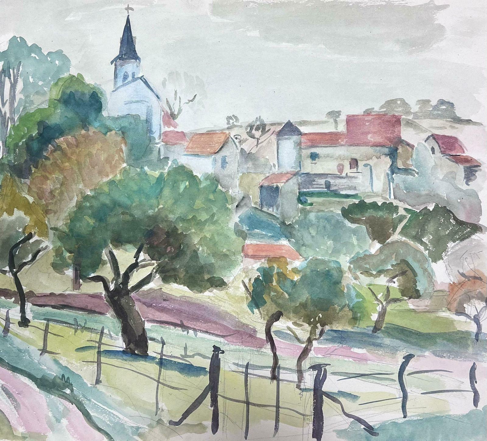 Guy Nicod Mid 20th Century Post Impressionist Painting Gated Field Behind French Town