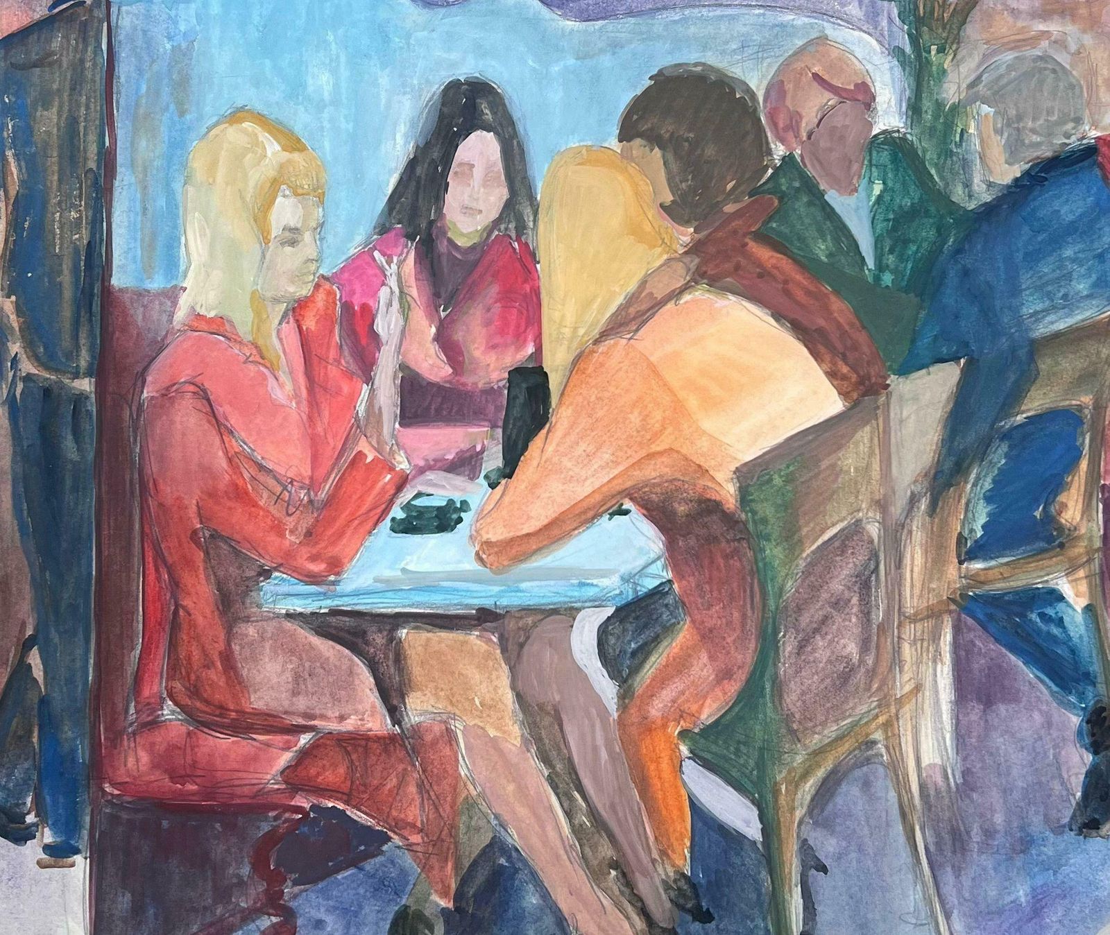 Guy Nicod 20th Century Modernist Painting Girls Gossiping In French Bistro