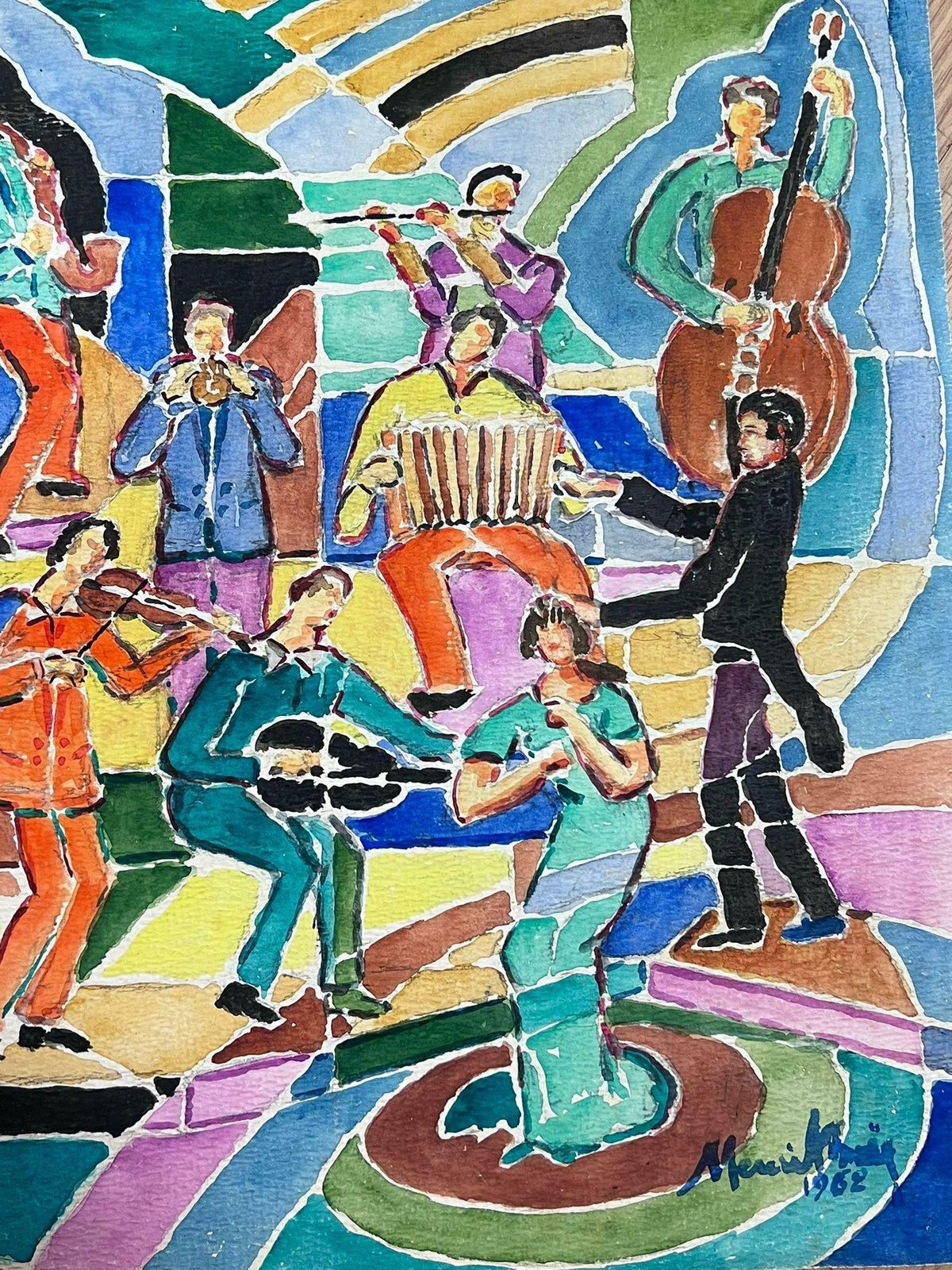 French Schoolfrench 1960's Cubist Abstract Painting Musicians In Band Playing Colorful Image1960's photo vinterior