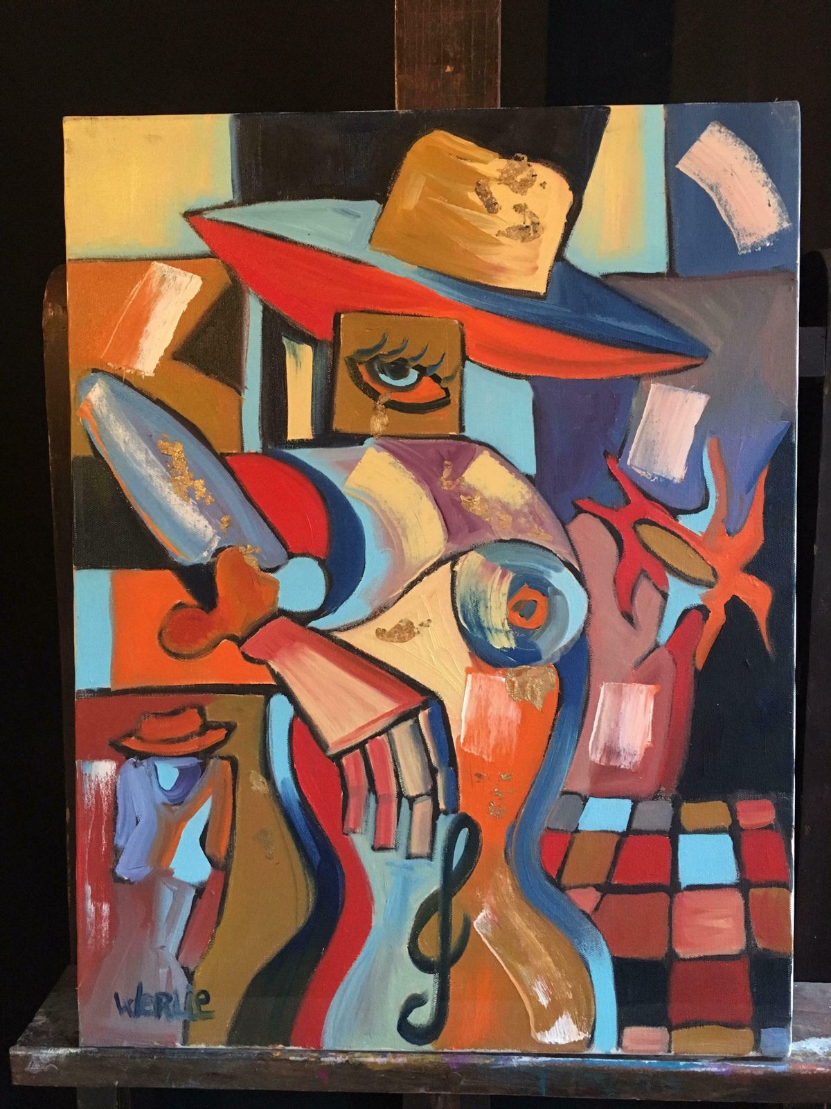 Beatrice Werlielarge French Abstract Picasso Style Red Colour Original Oil Painting Signed C.2000 photo vintage