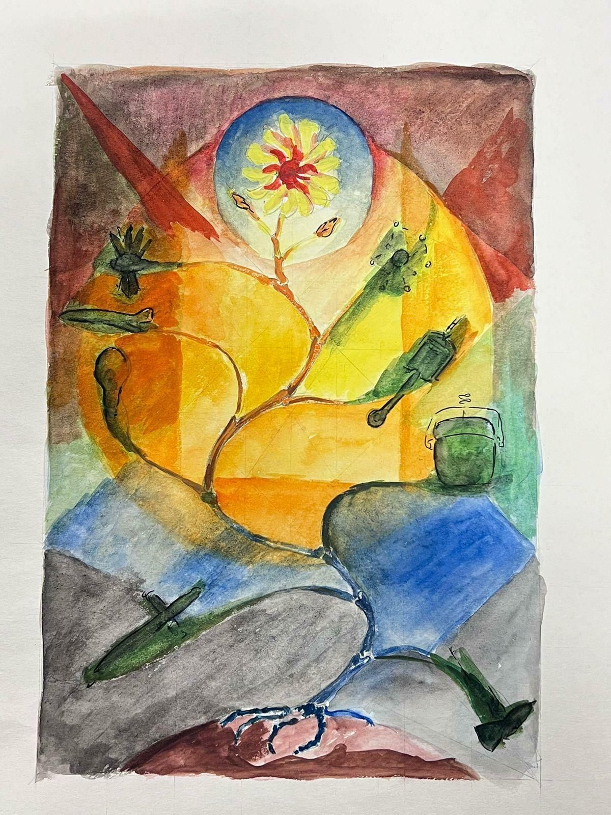 Guy Nicod 20th Century French Modernist Sunflower Roots Watercolour Painting photo for sale
