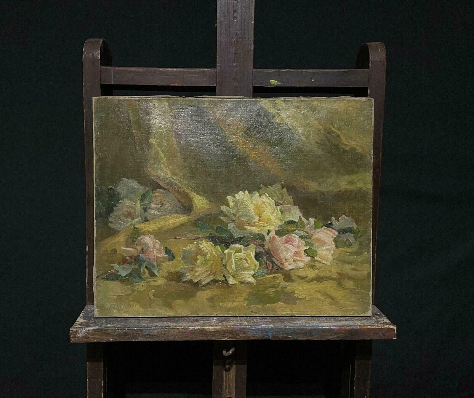 French School1900's French Impressionist Signed Oil, Still Life Of Roses Yellow & Pinks photo furniture