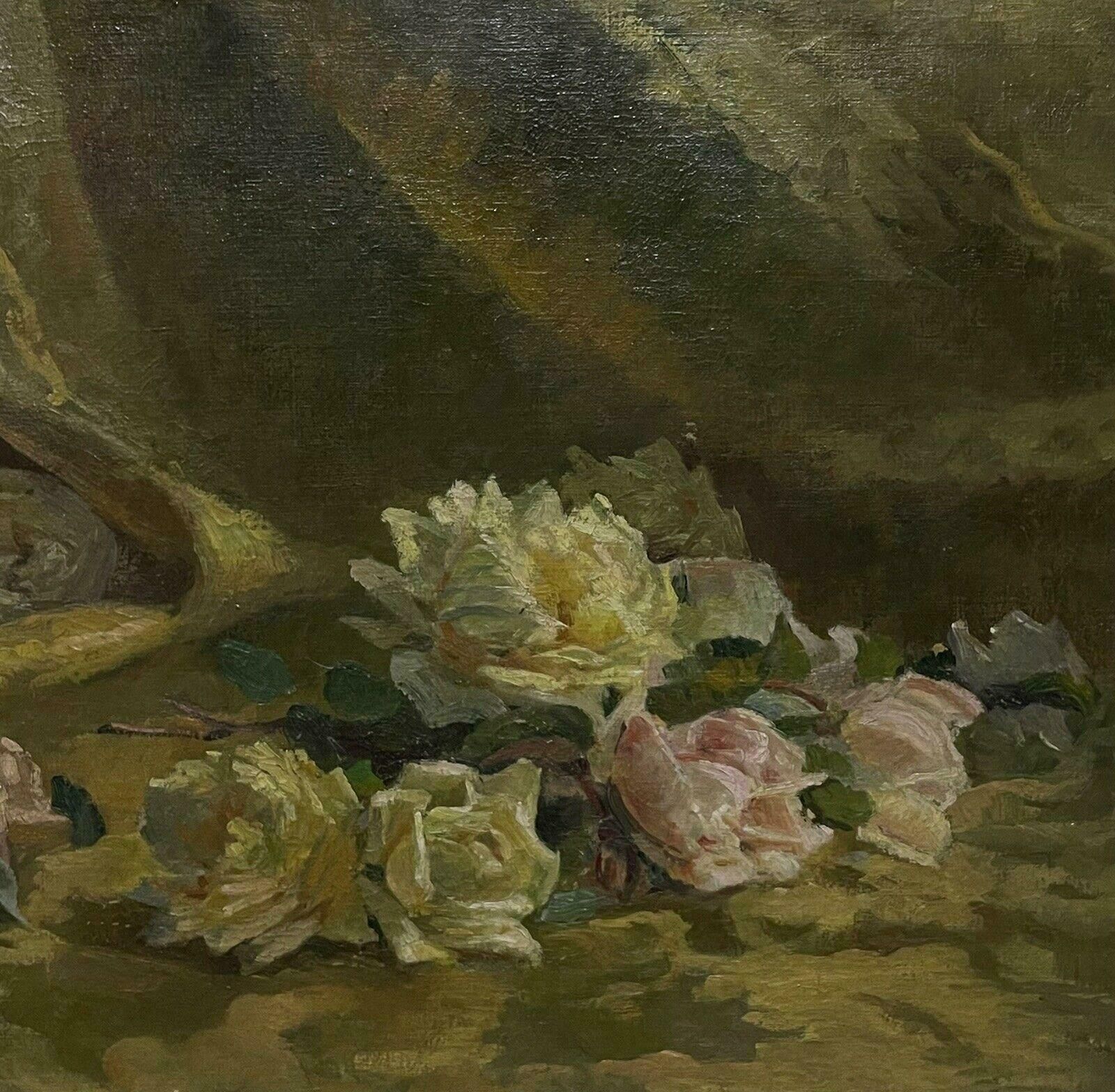 French School1900's French Impressionist Signed Oil, Still Life Of Roses Yellow & Pinks photo for sale