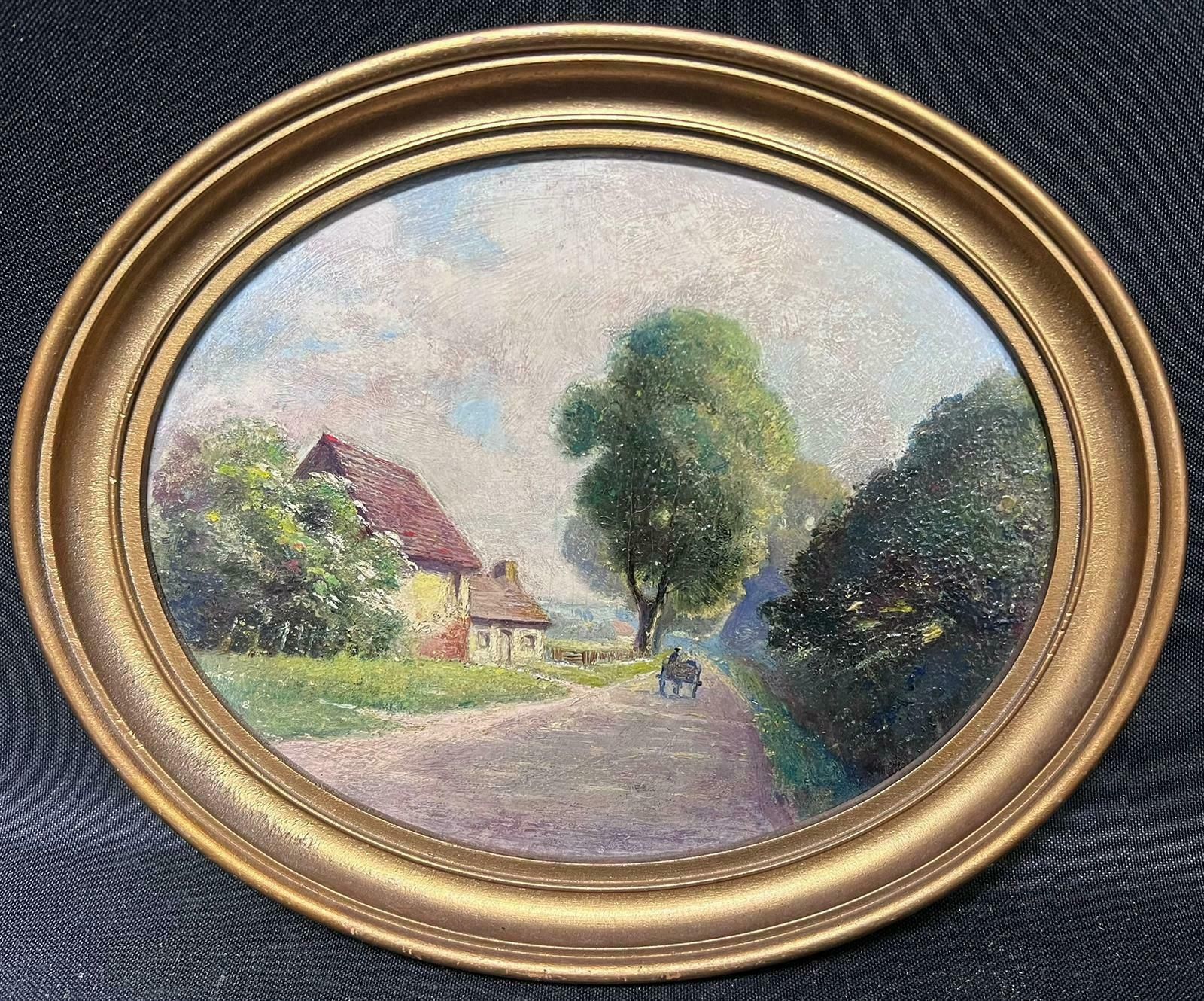 British School Oval Antique British Oil Painting Village Lane Cottage With Figure Gilt Frame