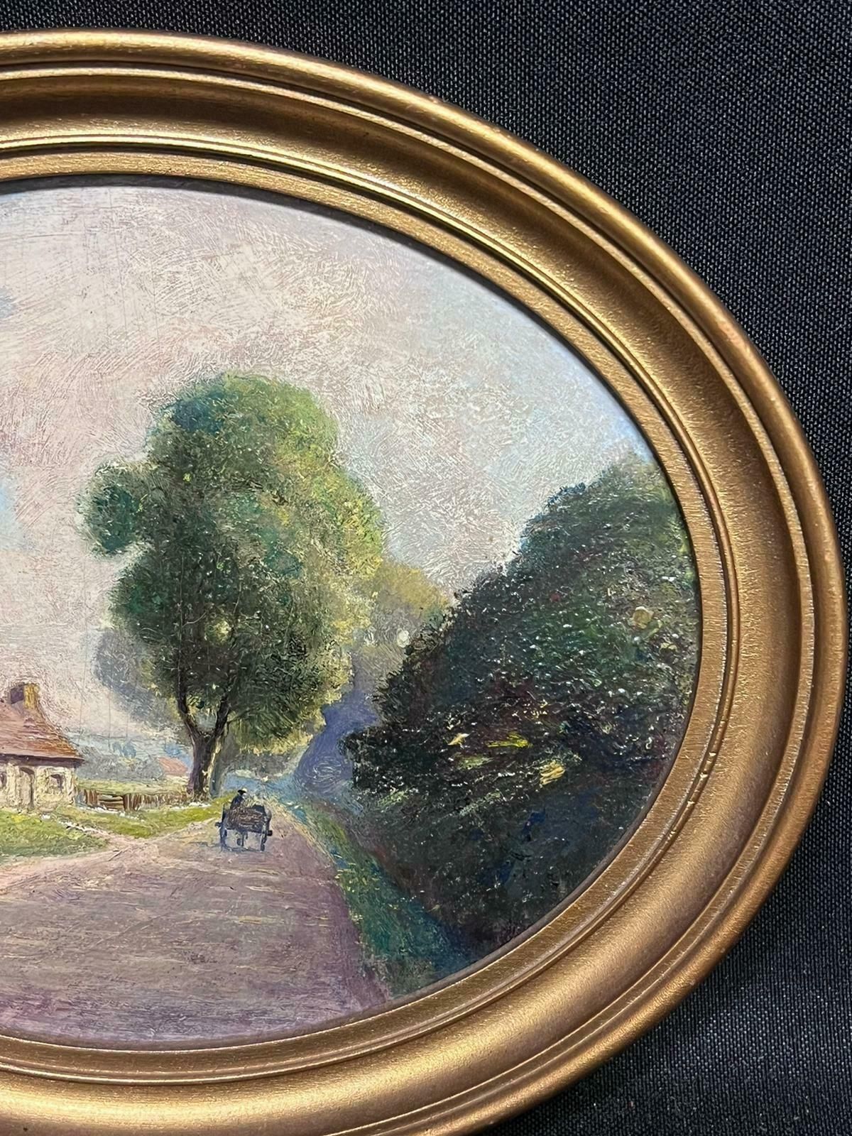 British School Oval Antique British Oil Painting Village Lane Cottage With Figure Gilt Frame photo for sale