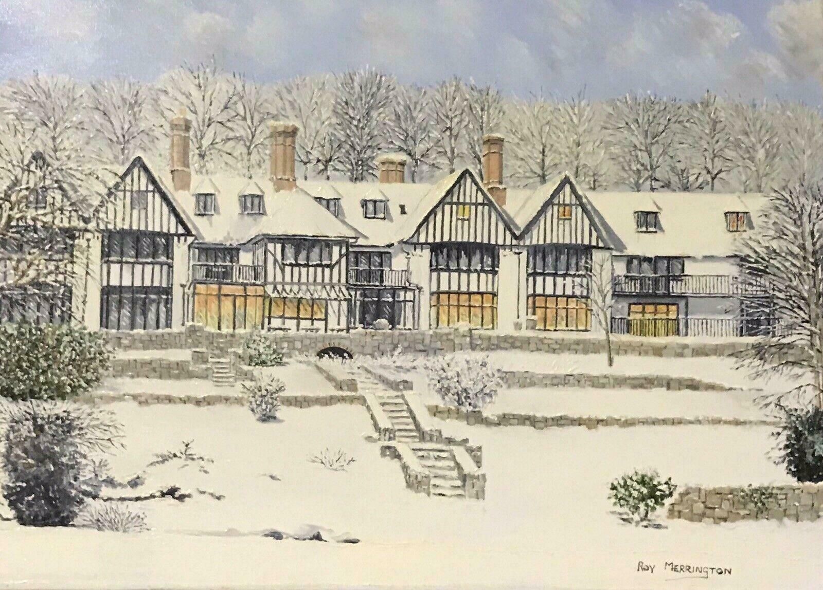 Roy Merringtonlarge English Oil Painting Tudor Houses In Winter Snow Landscapec. 2000