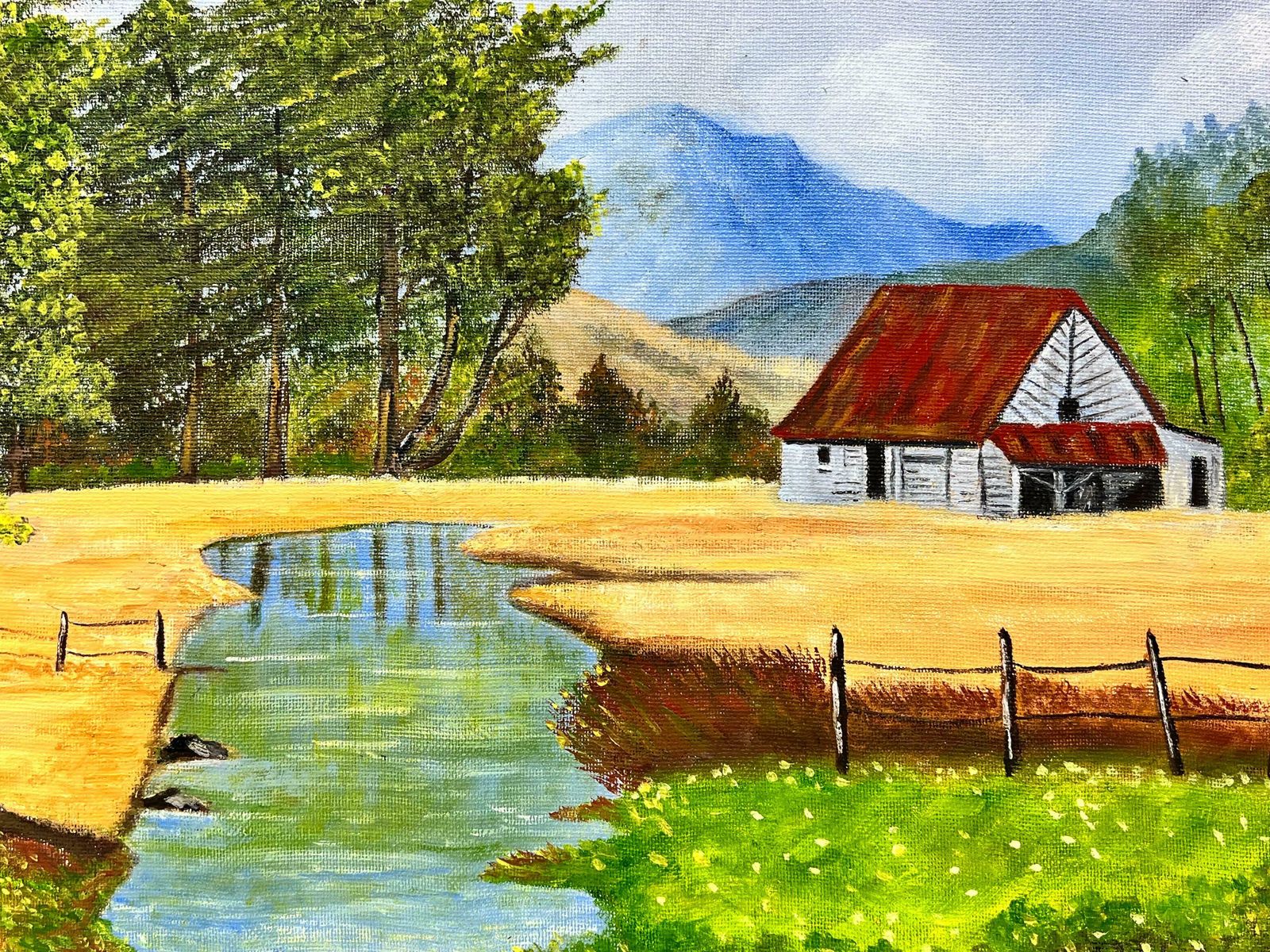 Ben Powellcontemporary Welse Naive Oil Painting Cottage In Valley Beside Stream photo 1532.0
