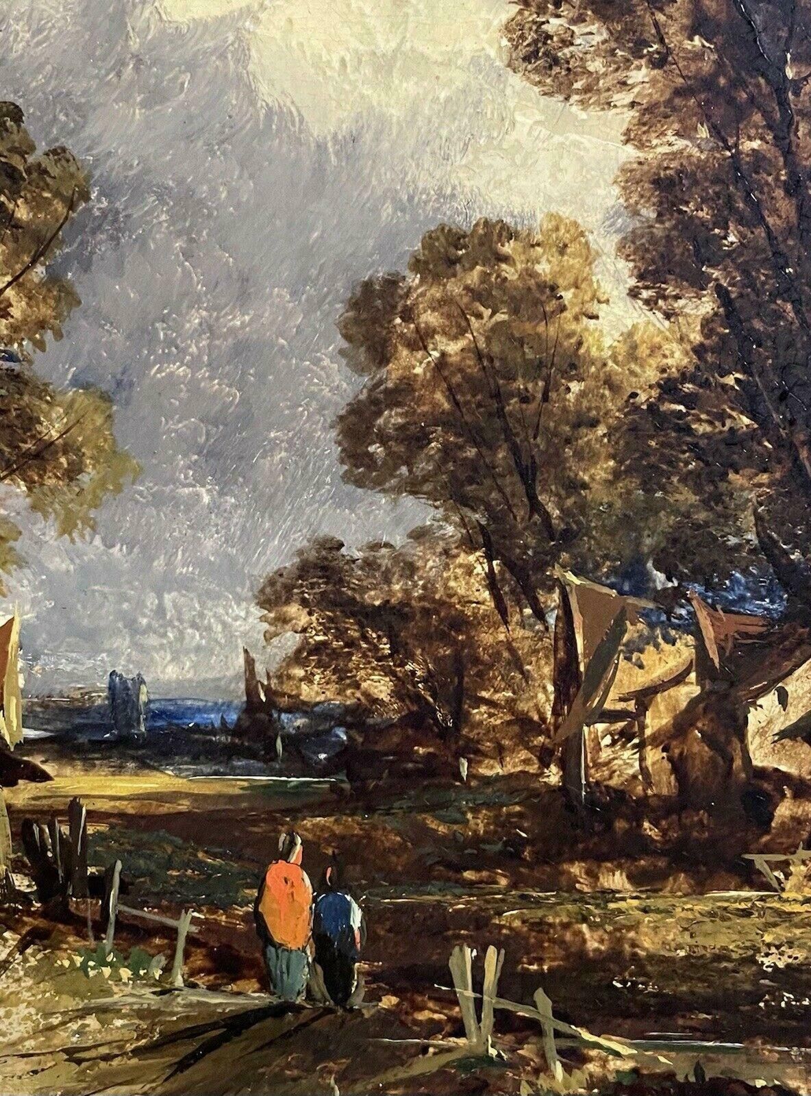 Victorian Oil Follower Of John Constable Rural River Landscape With Figures C. 1850's photo for sale