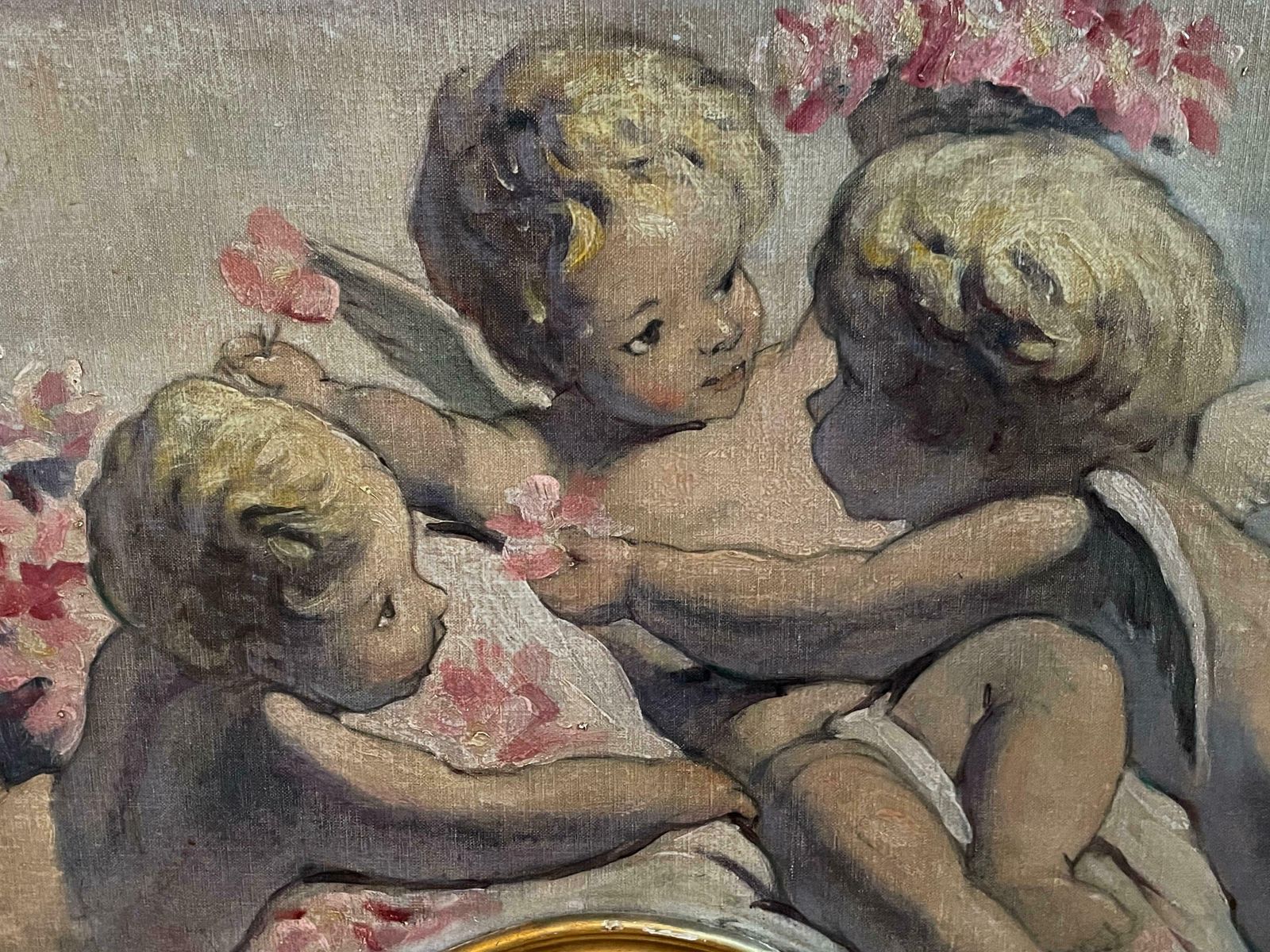 French Rococofine Antique French Rococo Scrolled Oil Painting Cherubim Playing   Over Doorc. 1900's