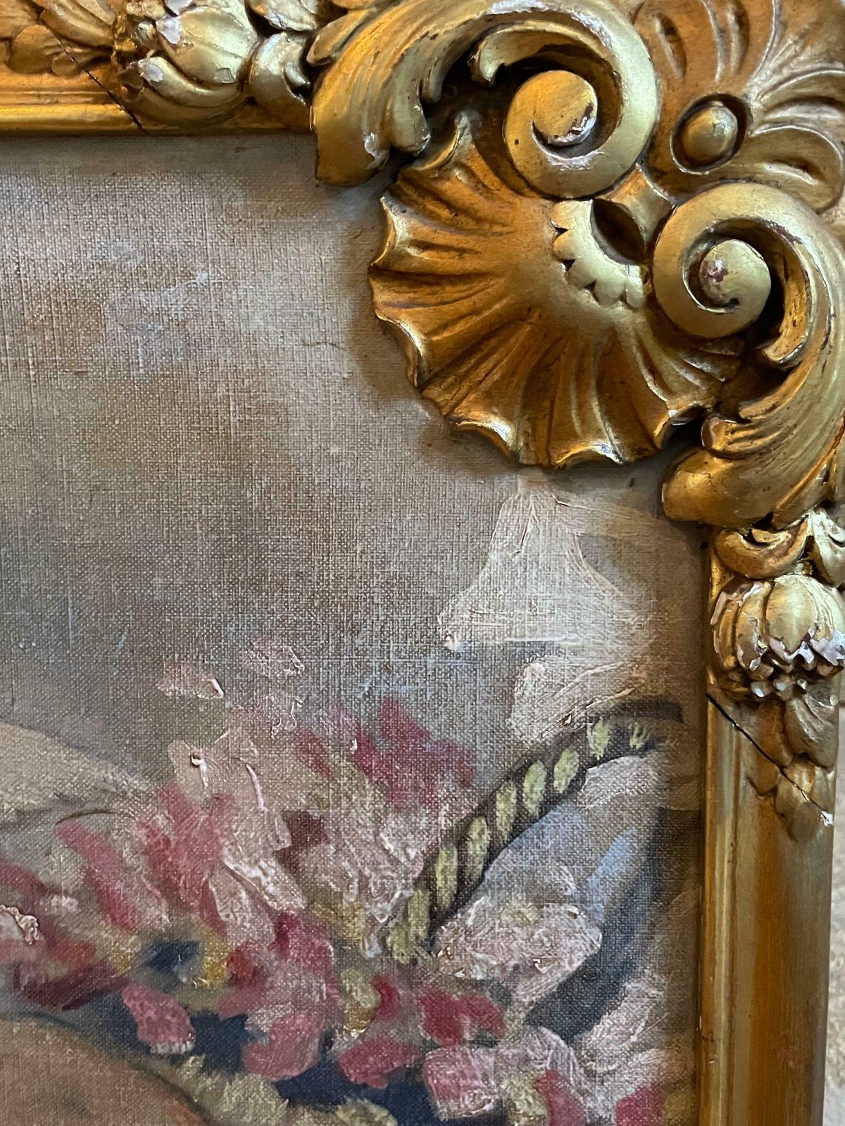 French Rococofine Antique French Rococo Scrolled Oil Painting Cherubim Playing   Over Doorc. 1900's photo vinterior