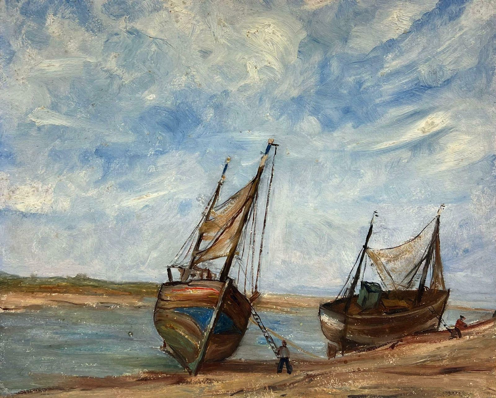 Simone Forgemid 20th Century French Impressionist Oil Beached Fishing Boats Coastline19th Century