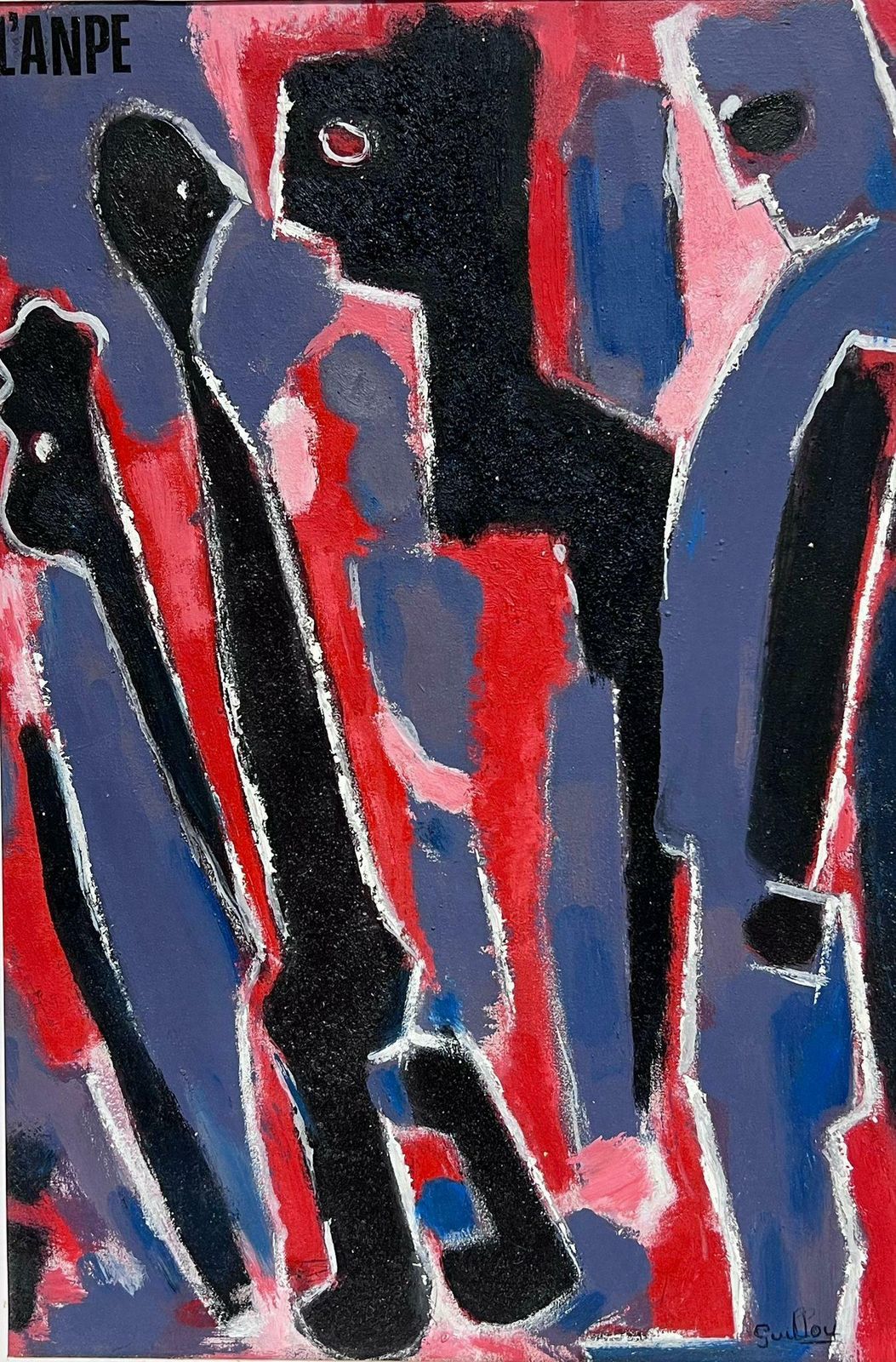 French School1970's French Abstract Painting Figures Standing Possibly A Poster Design?