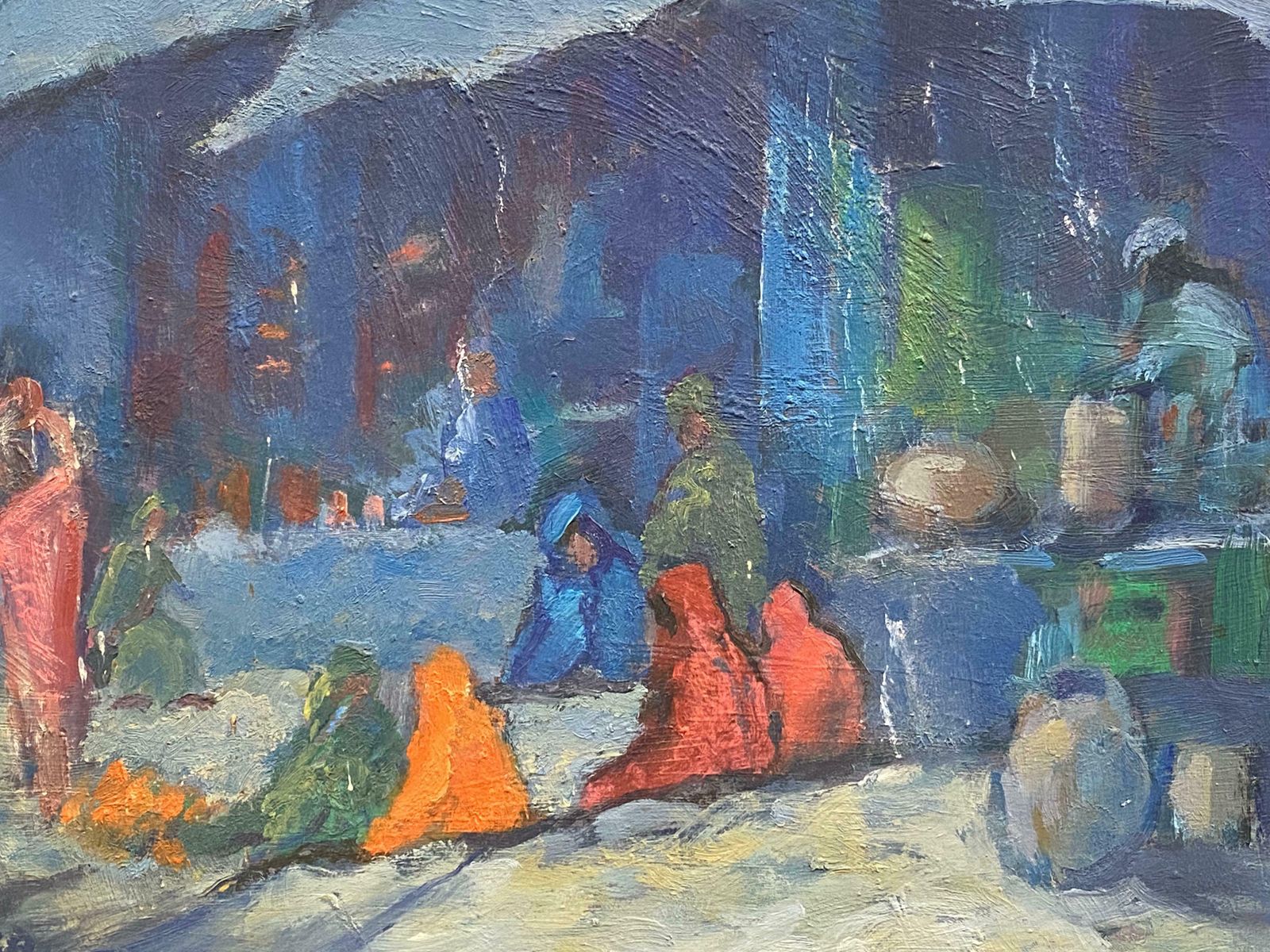 Barbera Doyle1970's Impressionist Oil Painting   Mount Abu Market Busy Figurative Scenec. 1970's photo furniture