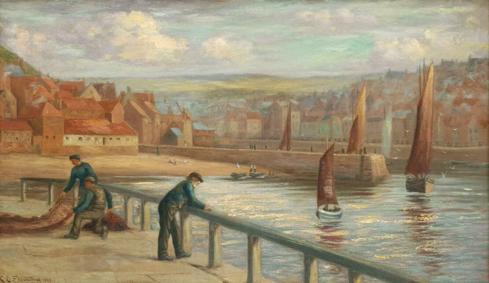 Charles E Flowerdew (British Exh.1885)victorian Signed Oil Painting   Whitby Fishermen Standing On East Pier Harbour