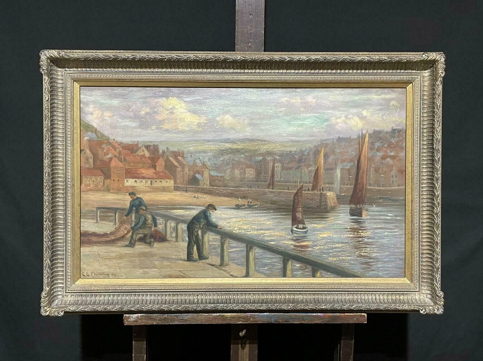 Charles E Flowerdew (British Exh.1885)victorian Signed Oil Painting   Whitby Fishermen Standing On East Pier Harbour photo furniture