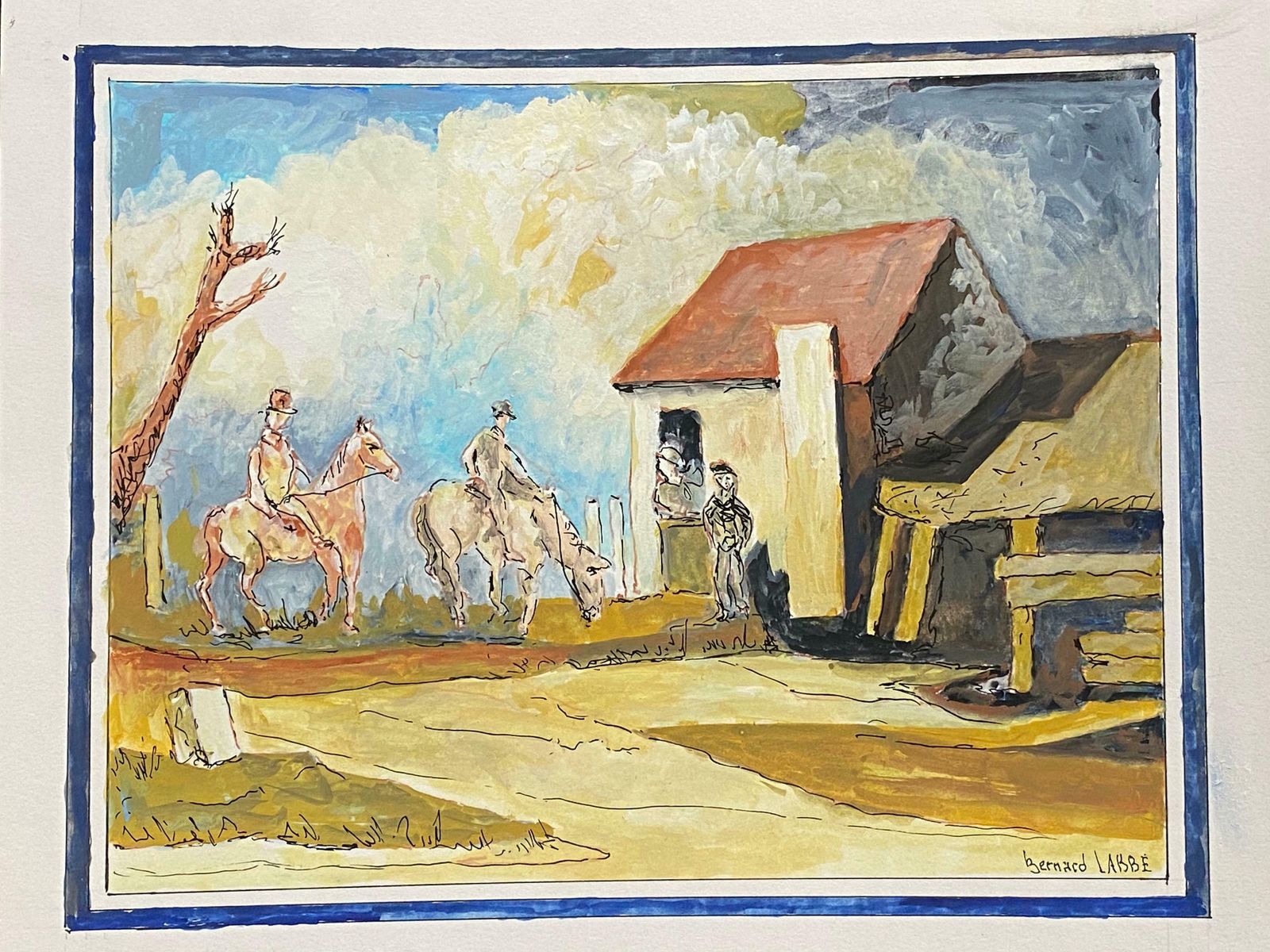 Bernard Labbe1950's French Modernist Painting Signed   Figures On Horseback In Village1950's