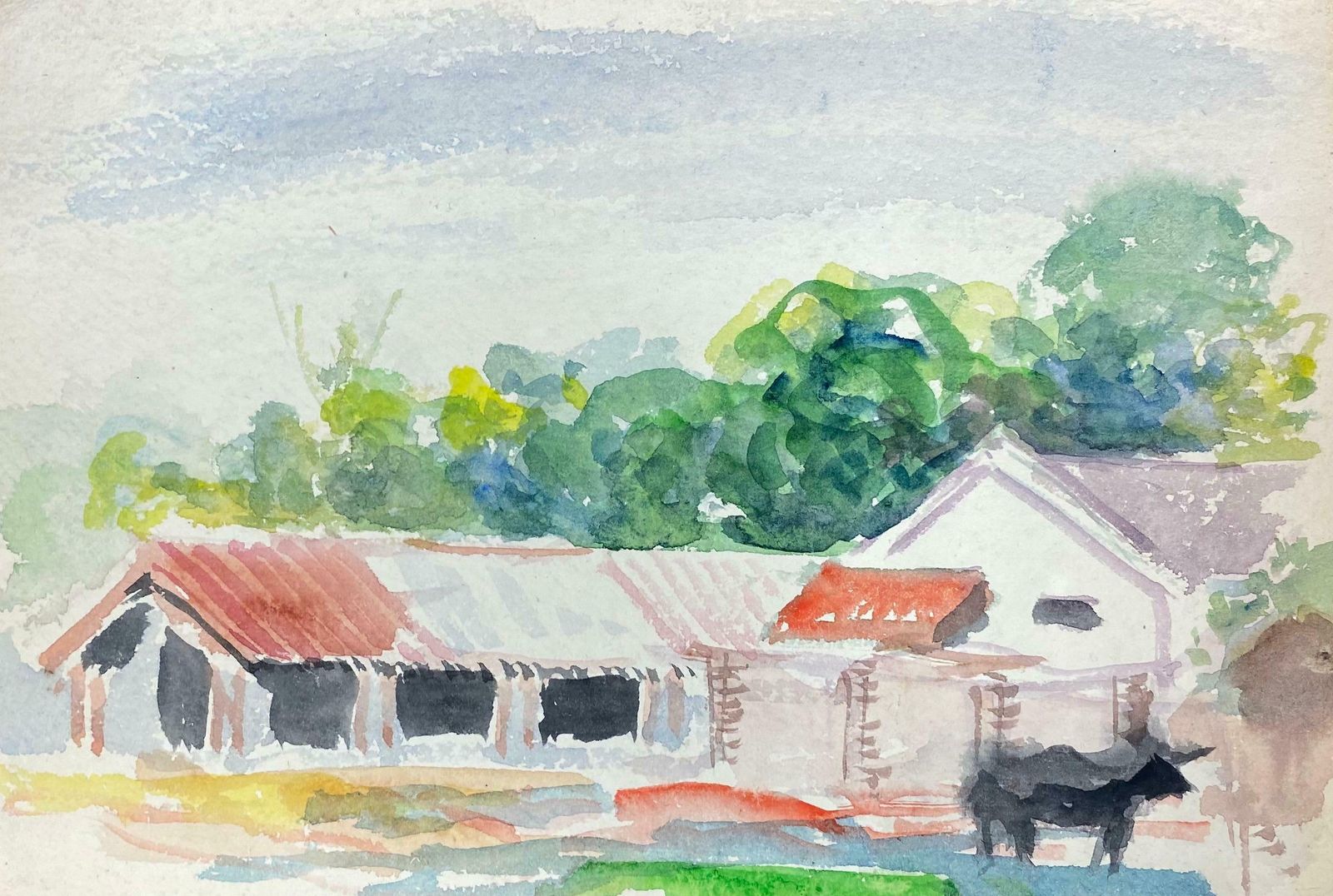 Akos Birocolourful Abstract, French Expressionist Original Painting Farm Buildingsc.1980s