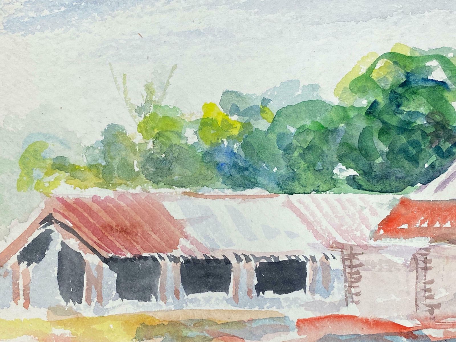 Akos Birocolourful Abstract, French Expressionist Original Painting Farm Buildingsc.1980s photo for sale