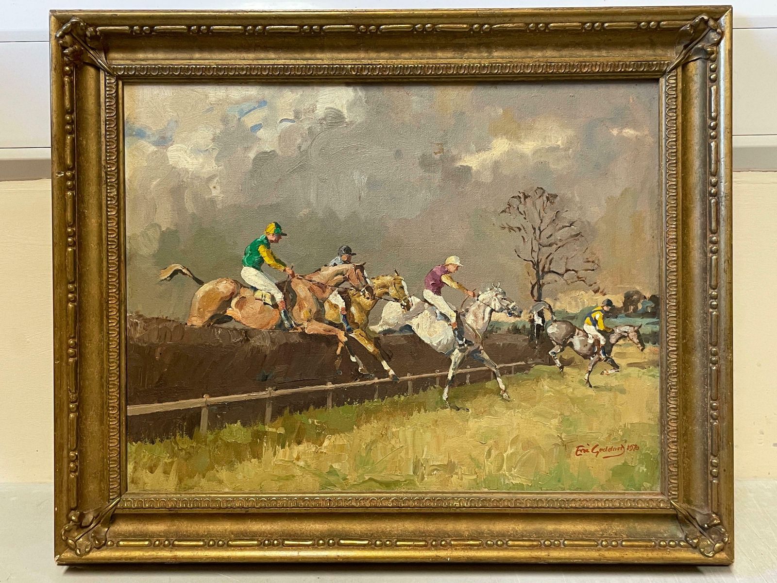Eric Goddardfine British Horse Racing Oil Painting 'Steeple Chase' Signed And Dated 1970c. 1970 photo furniture
