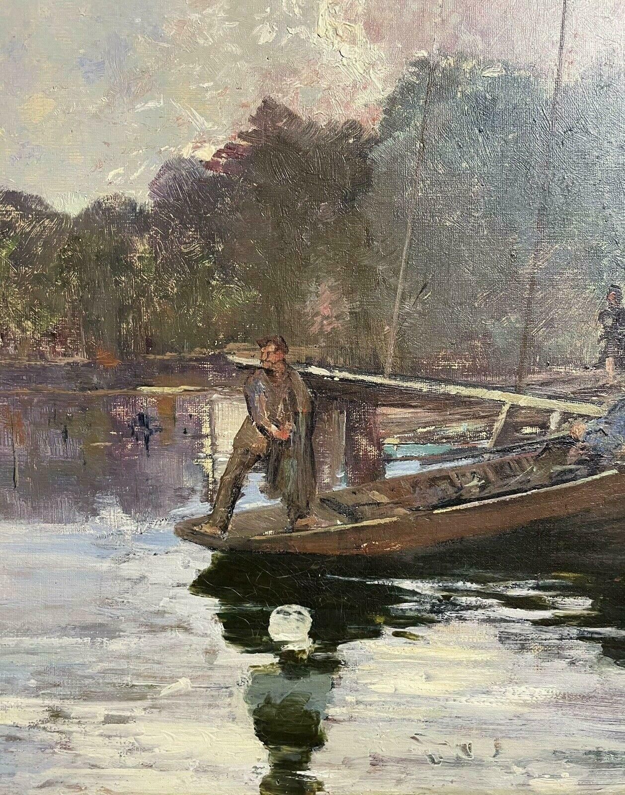 photo furniture Unknown1930's French Impressionist Signed Oil   Fishermen On Wooden Punt On Riverc. 1930s