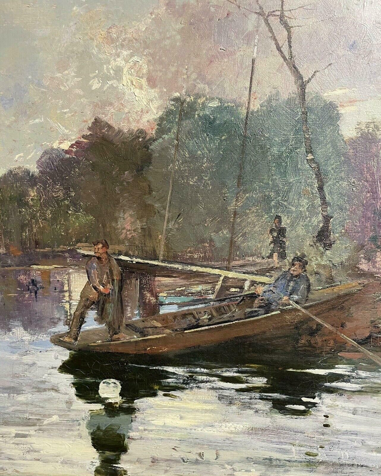 photo for sale Unknown1930's French Impressionist Signed Oil   Fishermen On Wooden Punt On Riverc. 1930s